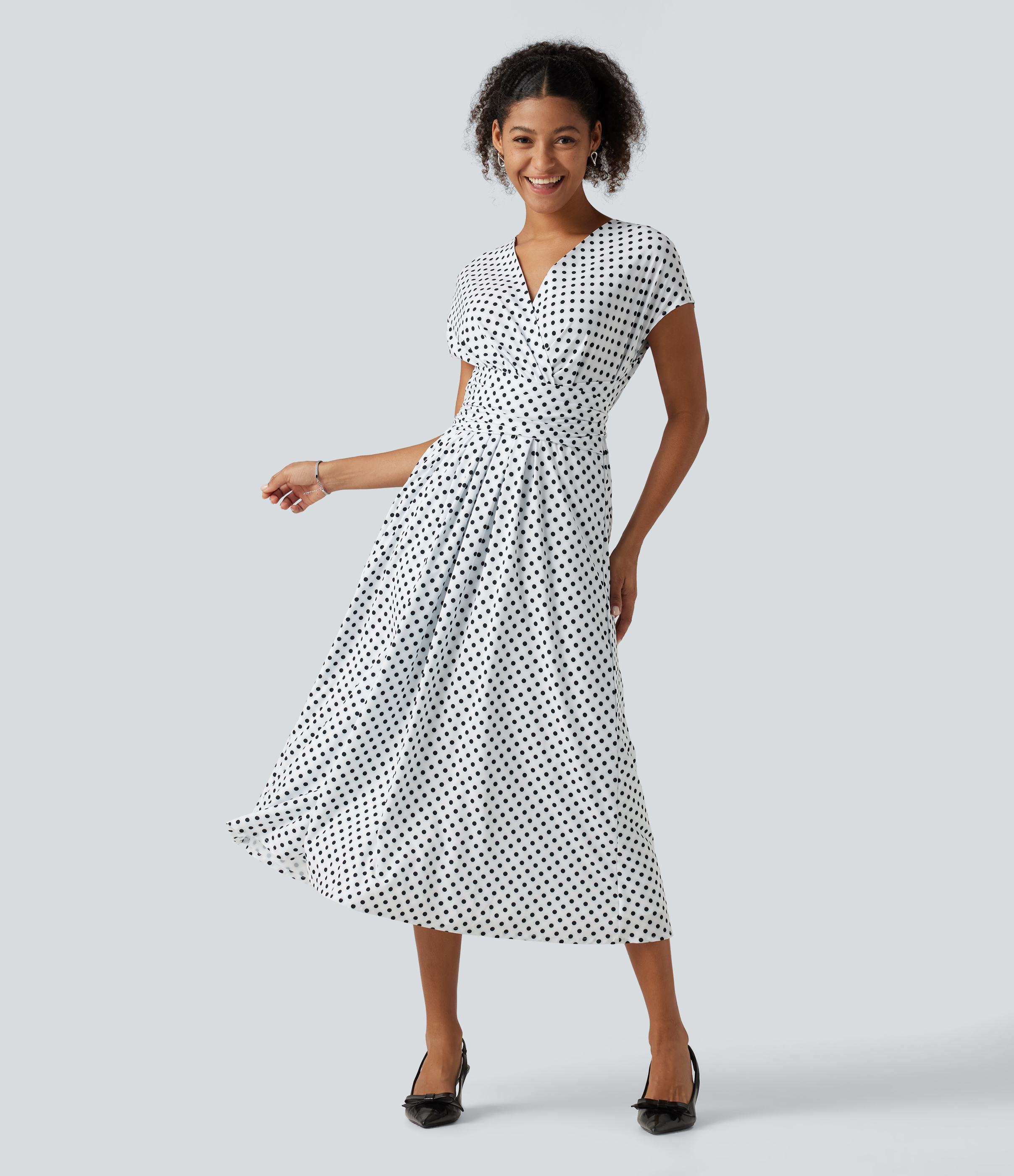 V Neck Short Sleeve Tie Side Polka Dot Midi Casual Dress with Pockets