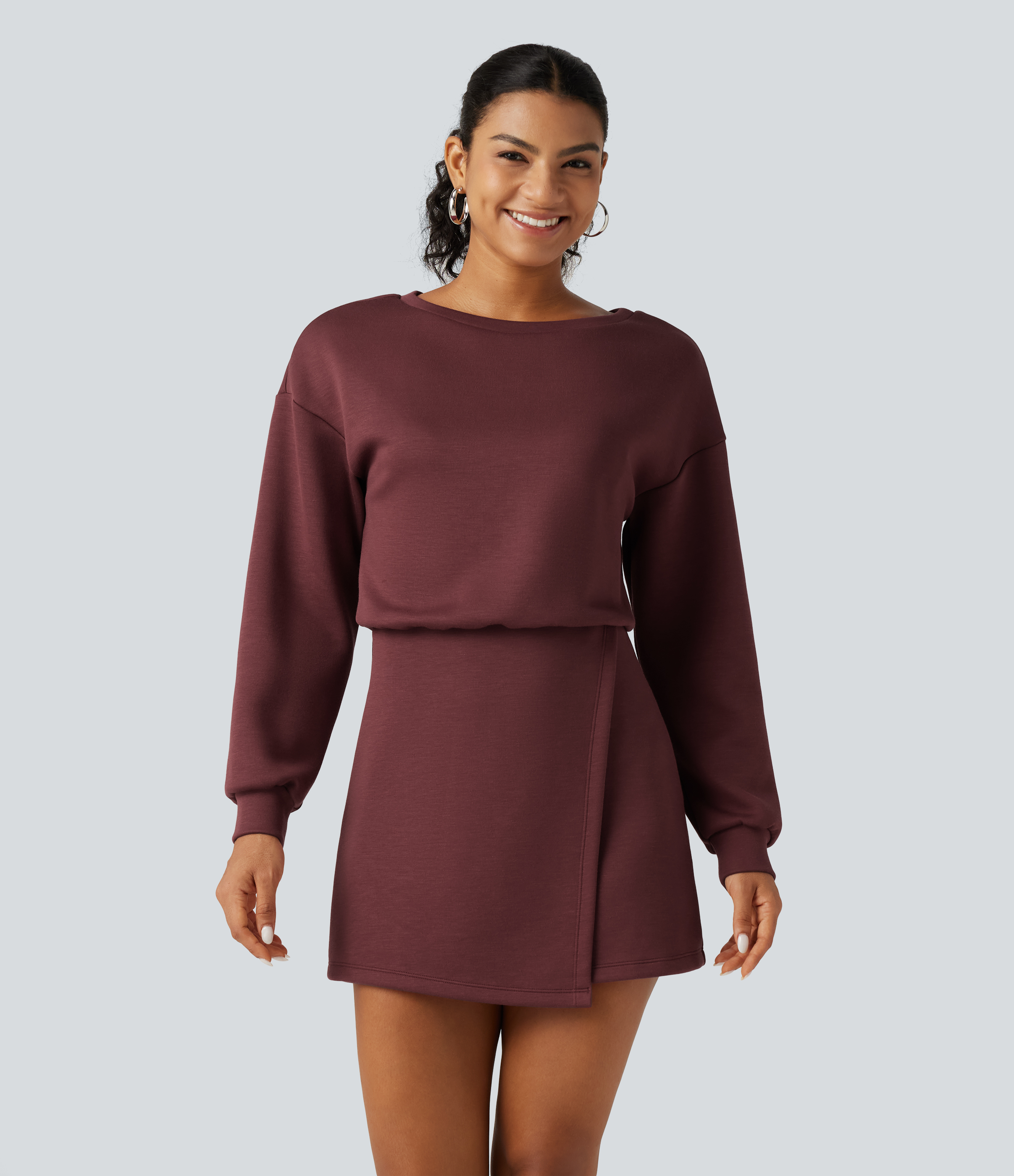 SpacerTek™ Boat Neck Long Sleeve Mini Casual Sweatshirt Dress