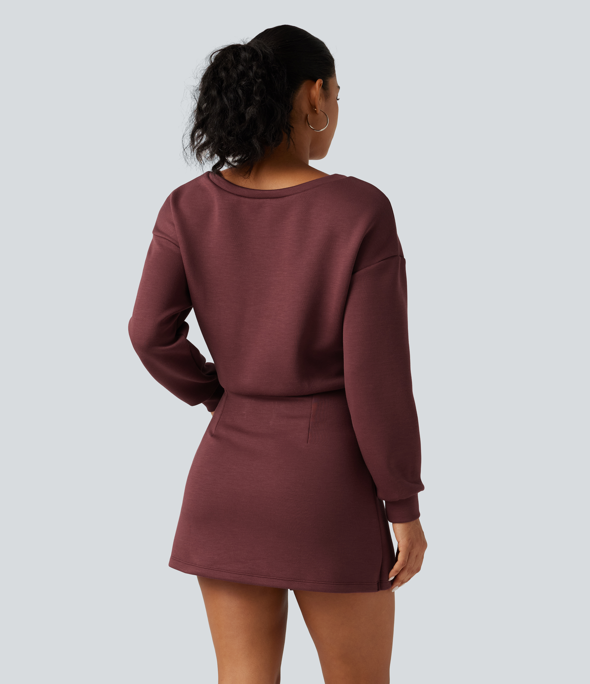 Oxblood Red SpacerTek™ Boat Neck Long Sleeve Mini Casual Sweatshirt Dress / 2