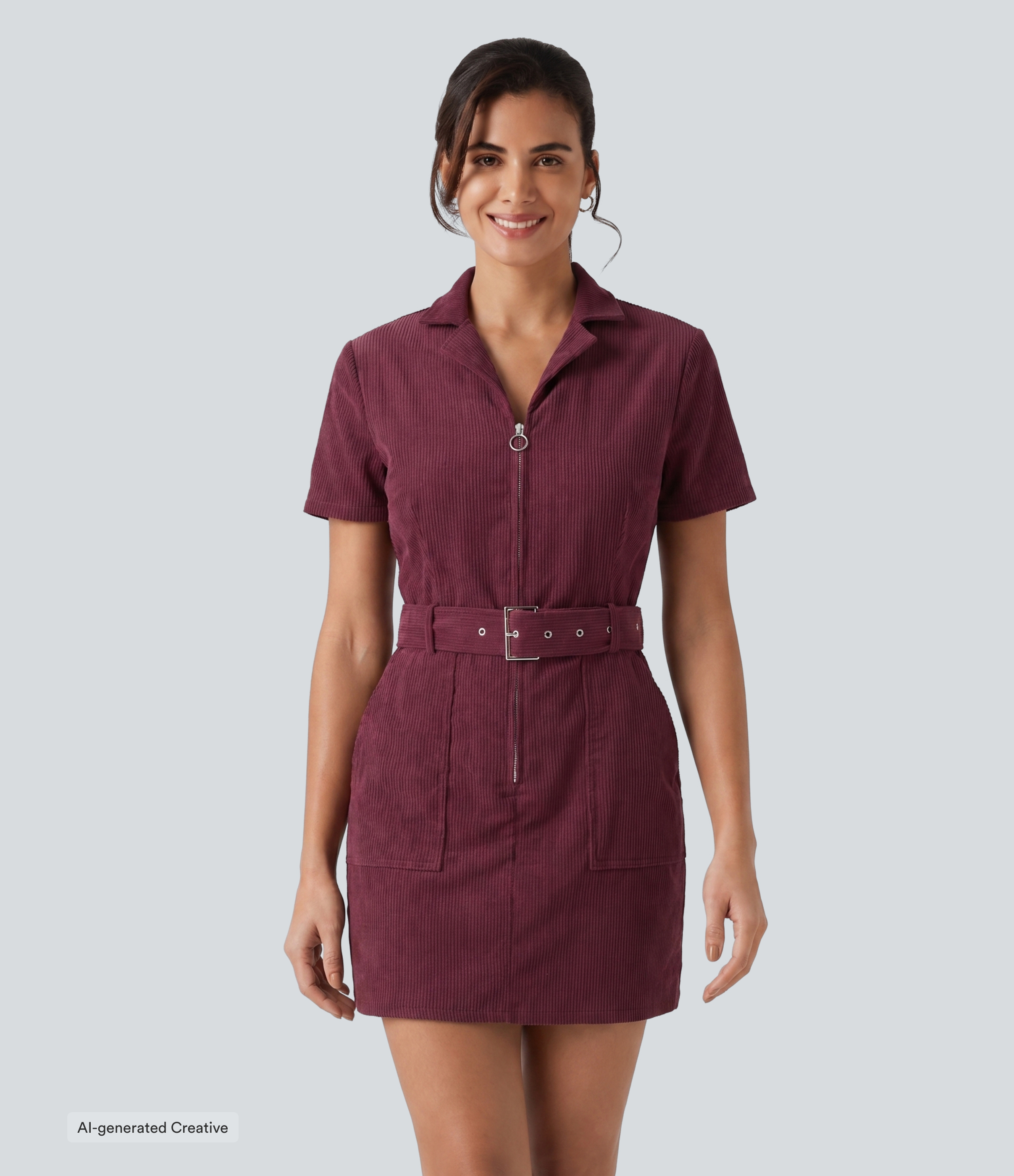 Short Sleeve Belted Corduroy Mini Casual Dress with Pockets