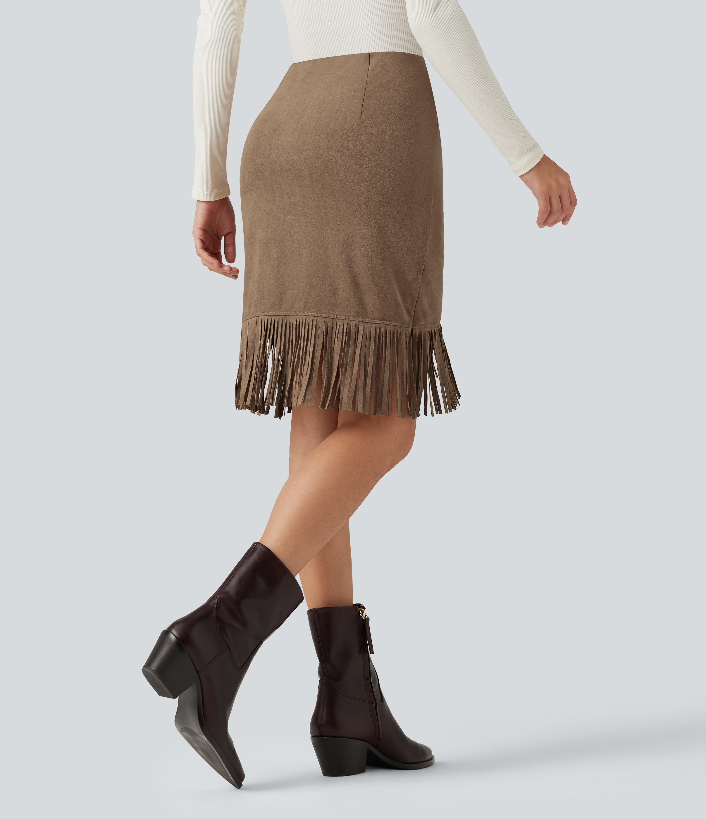 Coca Mocha High Waisted 2-in-1 Fringe Hem Midi Suede Party Skirt / 2