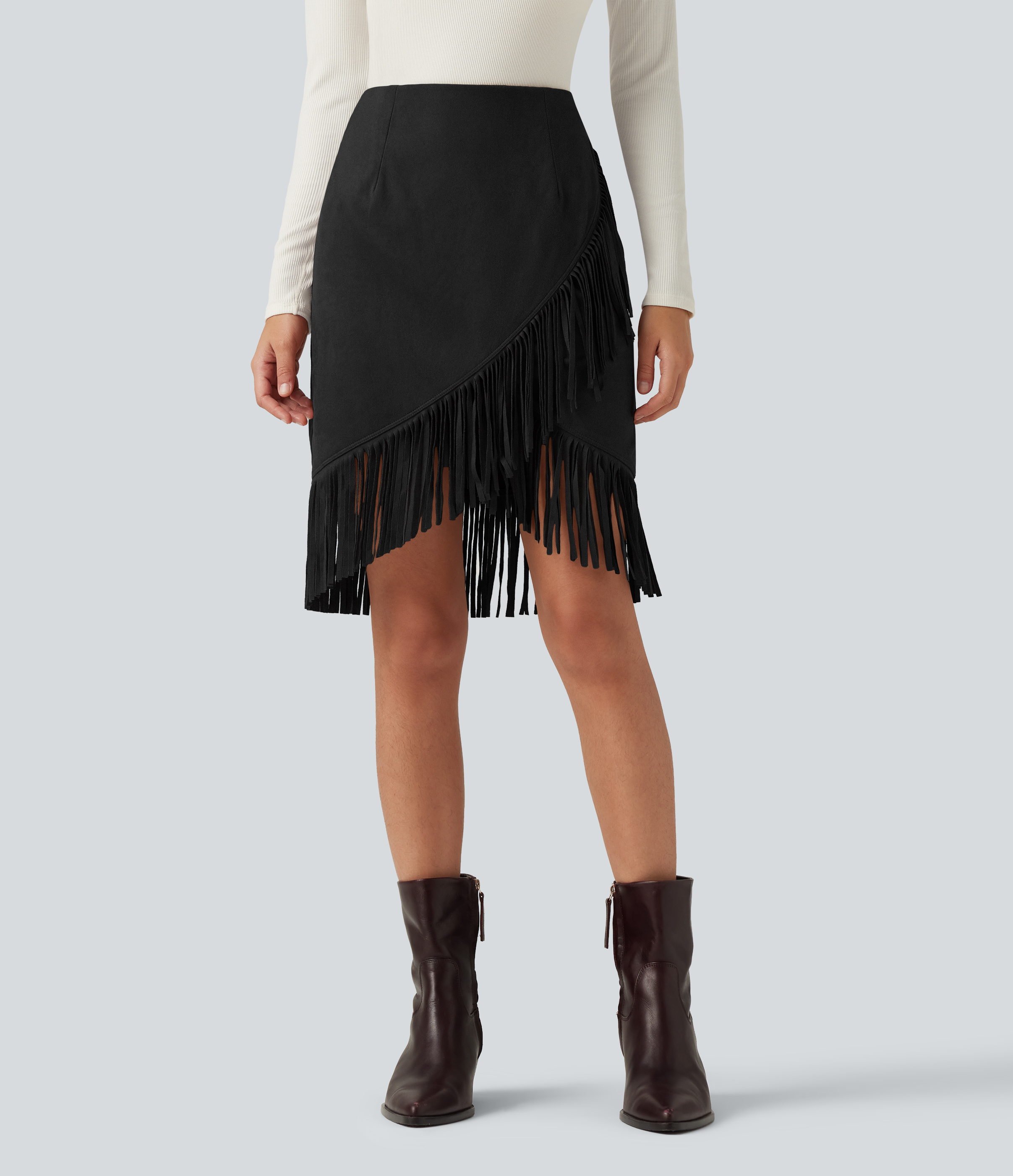 High Waisted 2-in-1 Fringe Hem Midi Suede Party Skirt