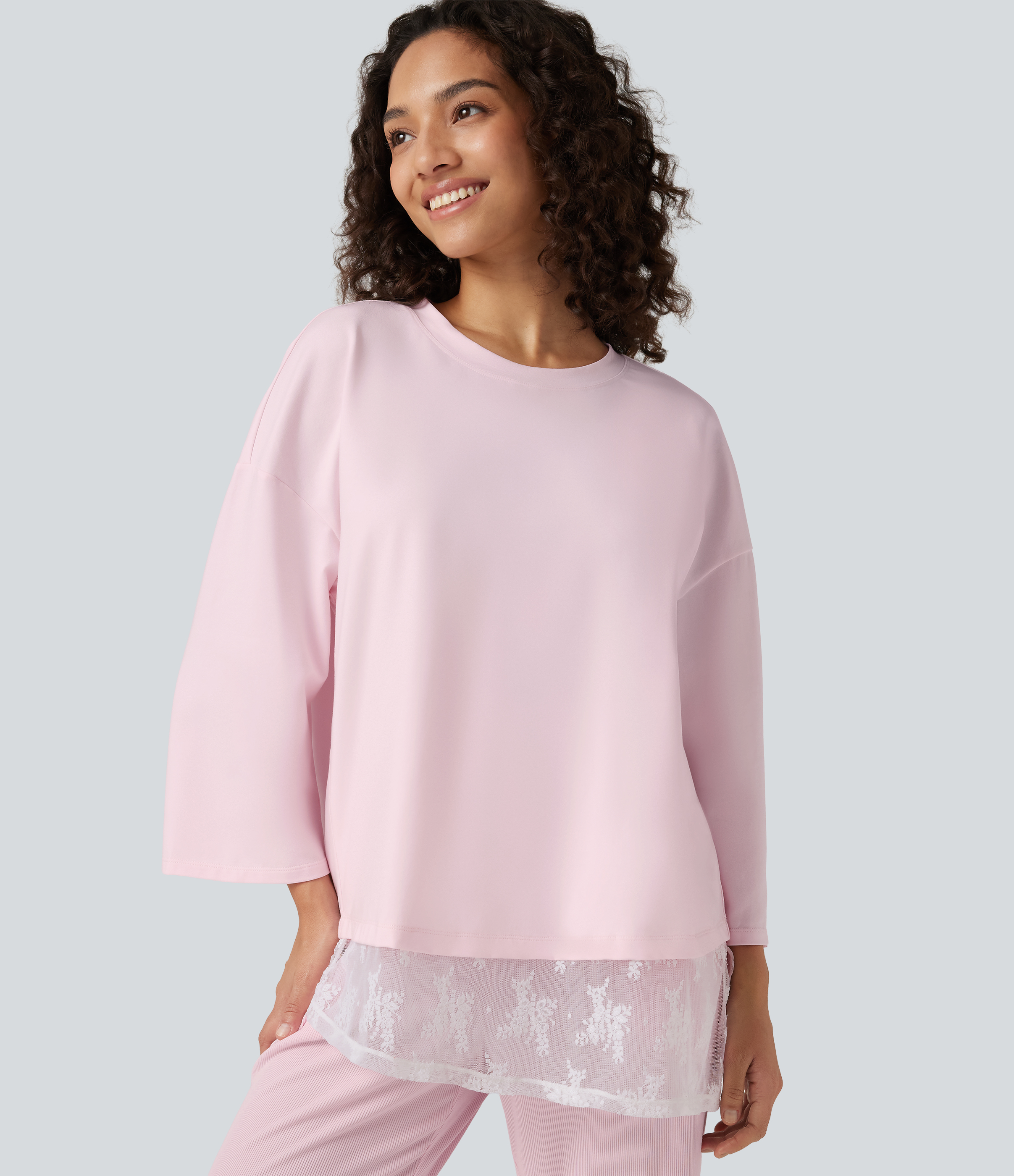Halara Cotton Jersey Round Neck 7/8 Sleeve Contrast Lace Asymmetric Hem Lounge T-Shirt
