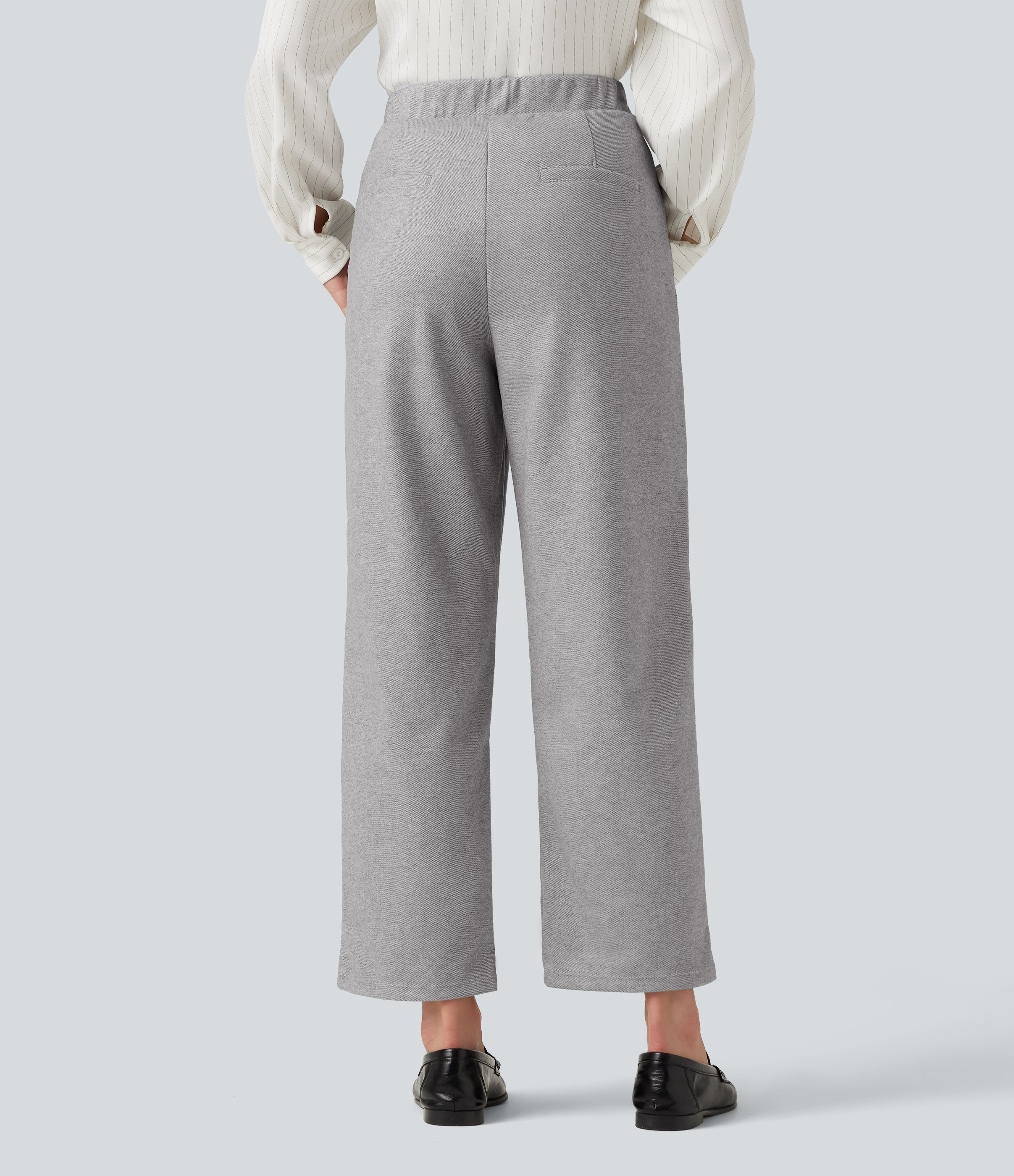 Drizzle Grey Pantalones de trabajo de talle alto con pliegues finos cosidos, pernera cónica y bolsillos / 2