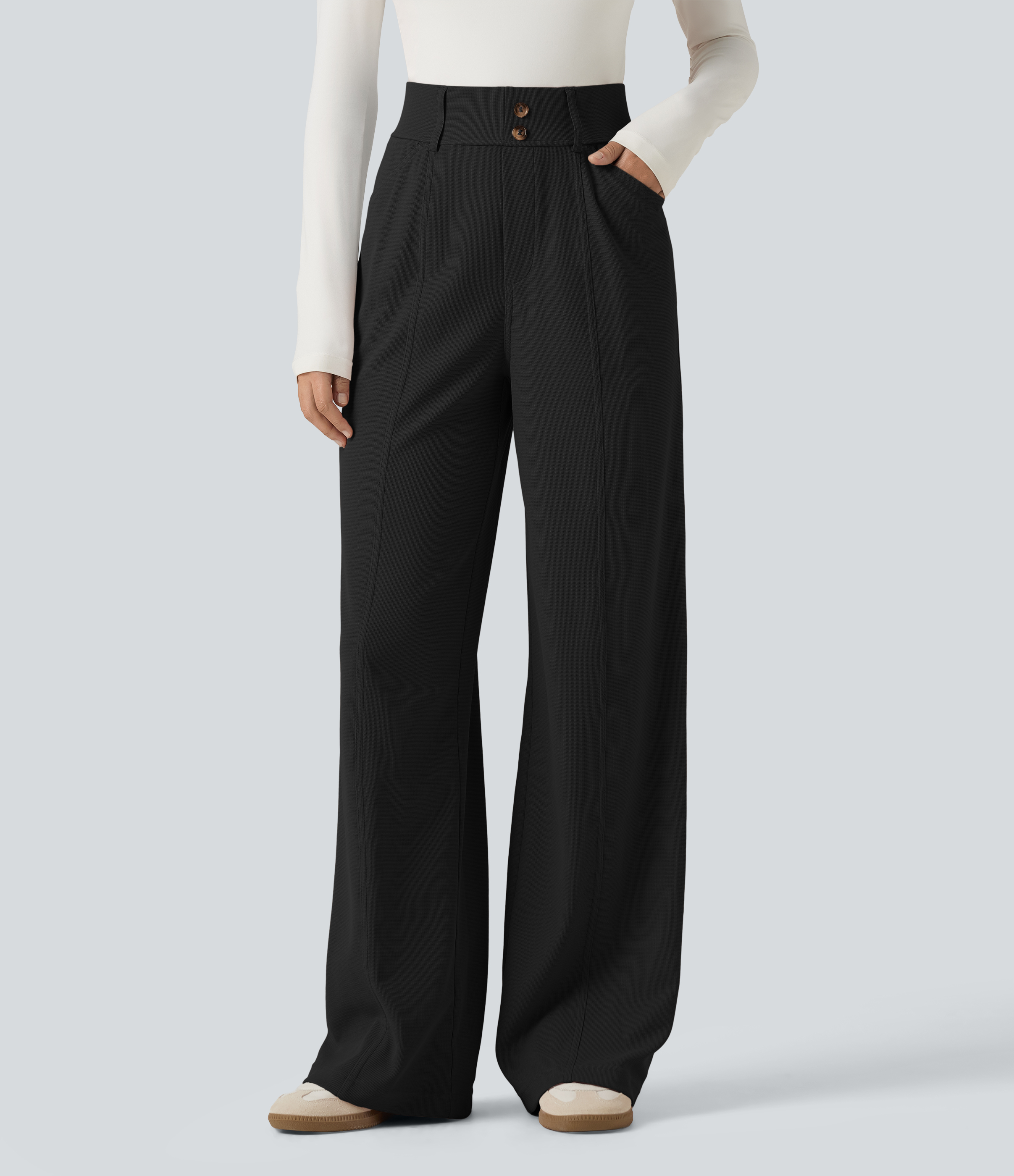 Halara Flex™ - Bürohose mit hohem Bund, mehreren Taschen, Waffelstoff und geradem Bein