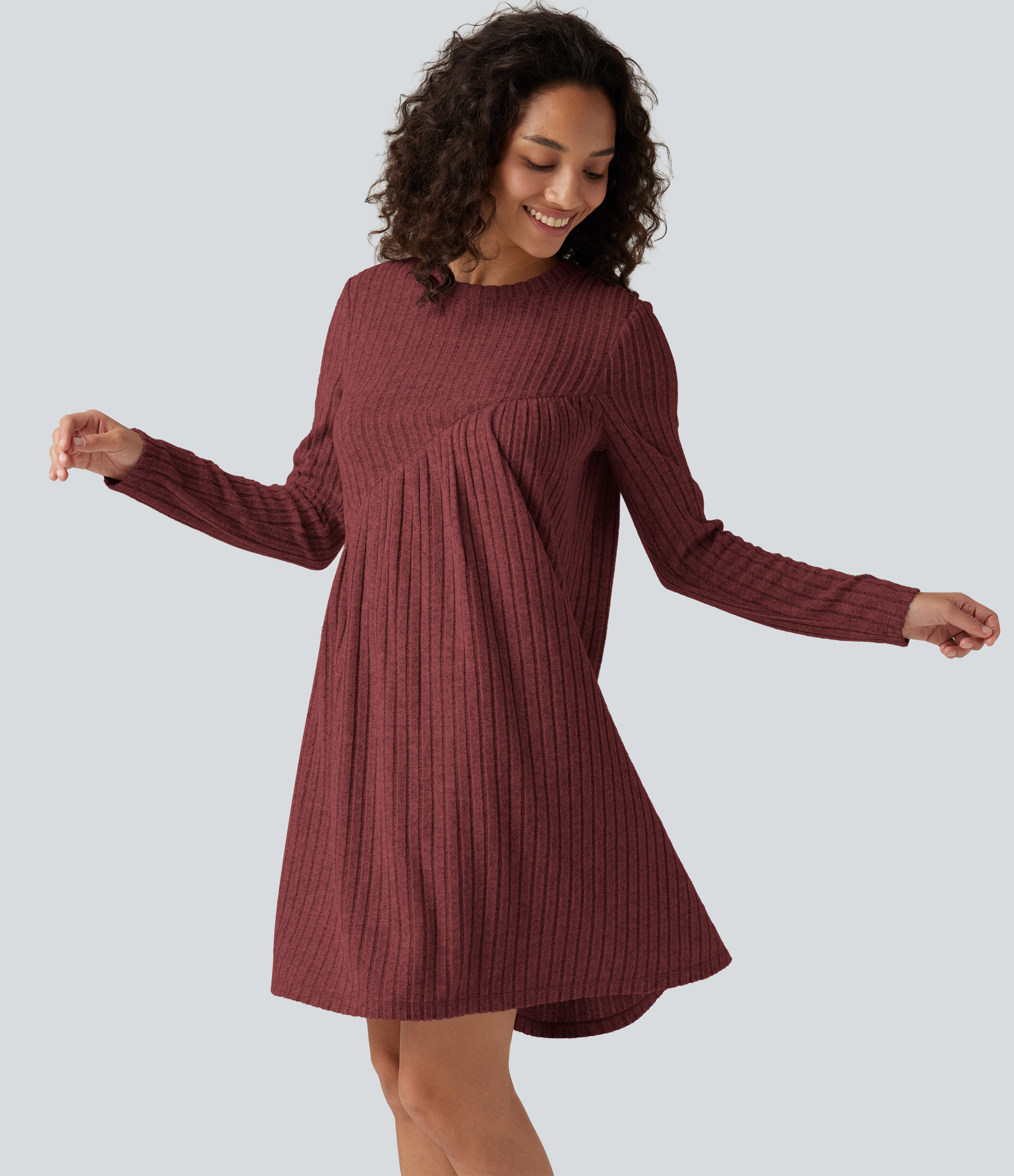 Ribbed Knit Round Neck Long Sleeve Asymmetric Mini Casual Dress