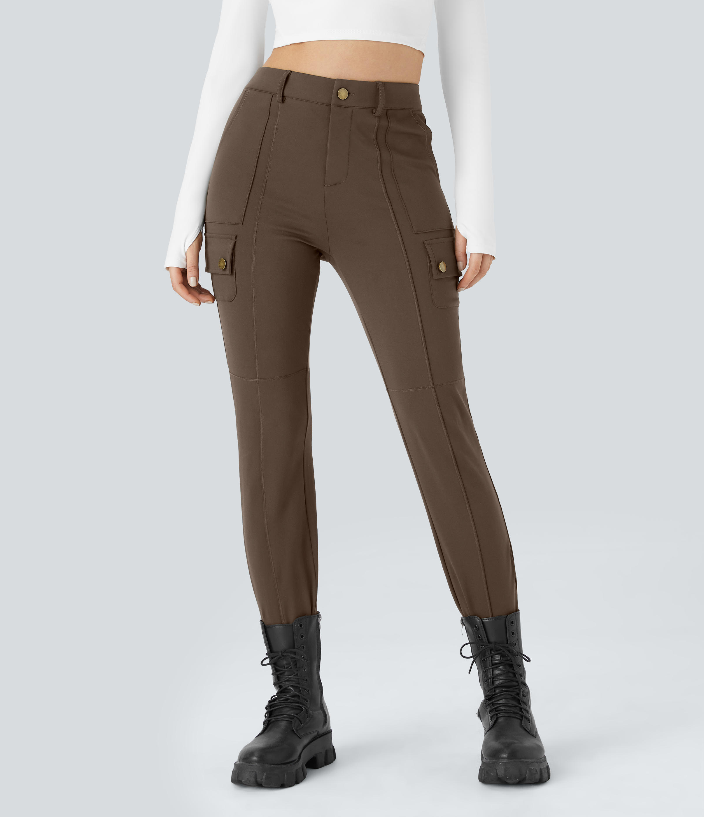 DayStretch High Waisted Zipper Pockets Solid Skinny Hiking Cargo Trousers
