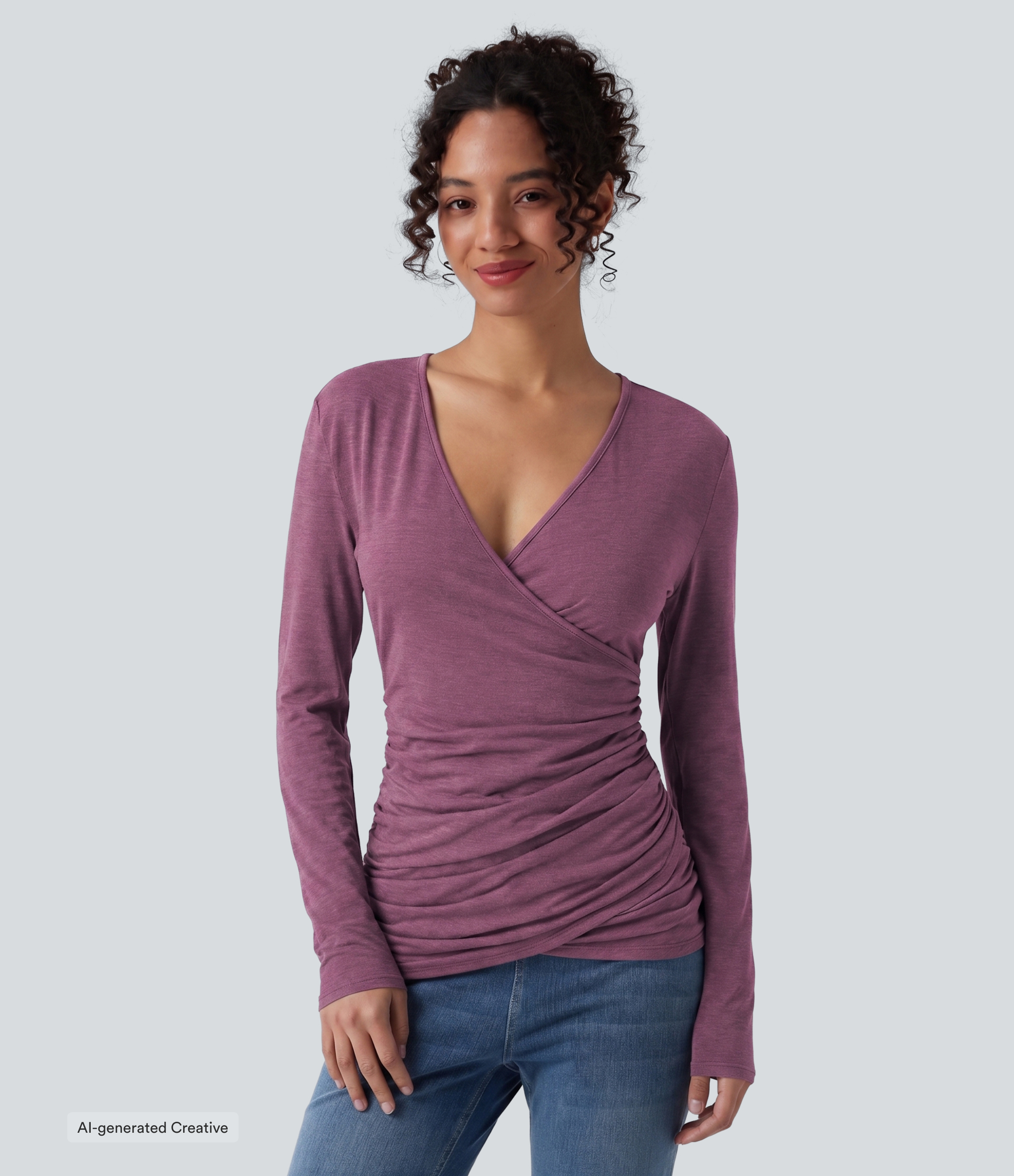 V Neck Long Sleeve Ruched Casual Top