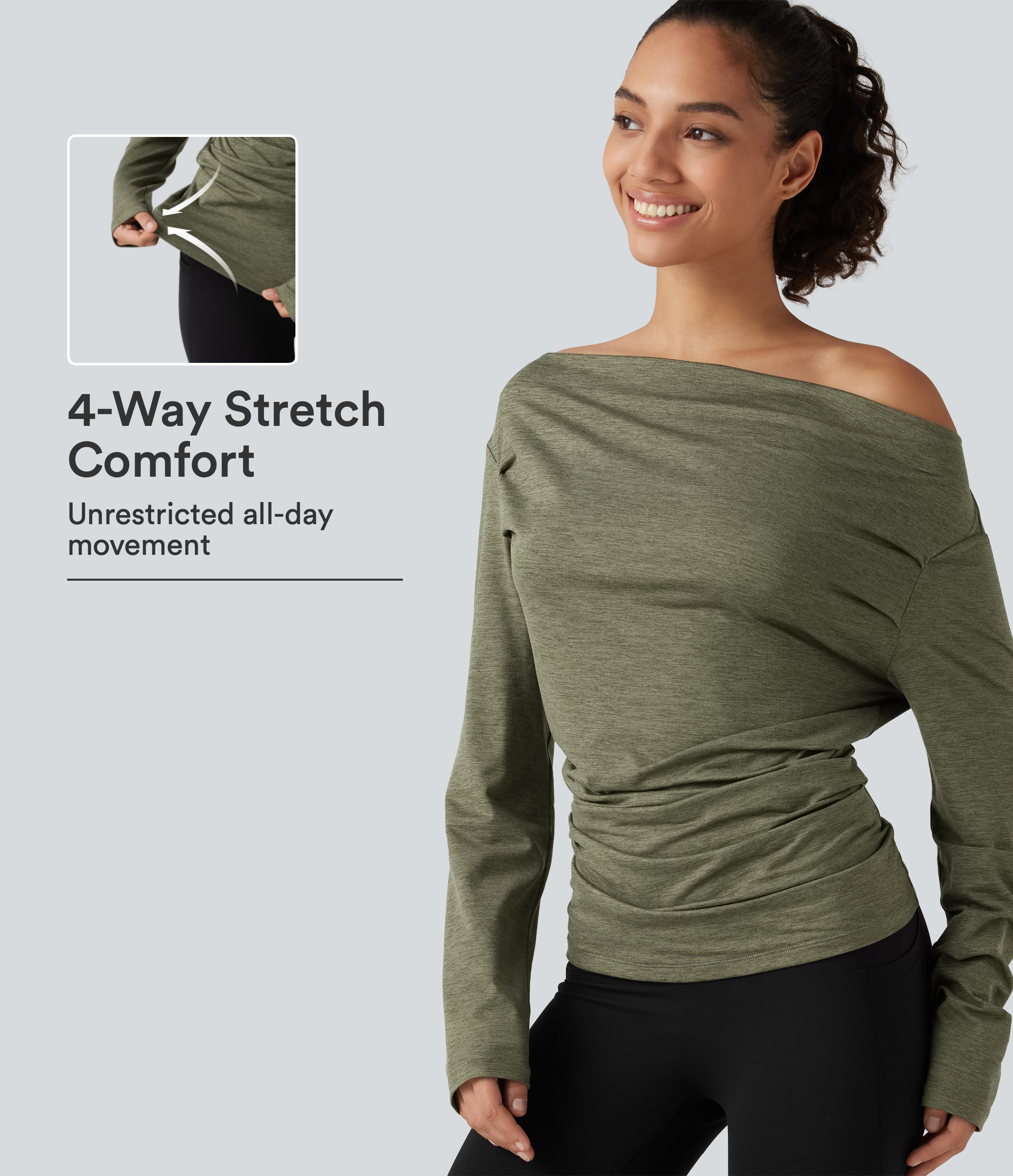Light Green Floral Yarn Off Shoulder Long Sleeve Yoga Sports Top / 1