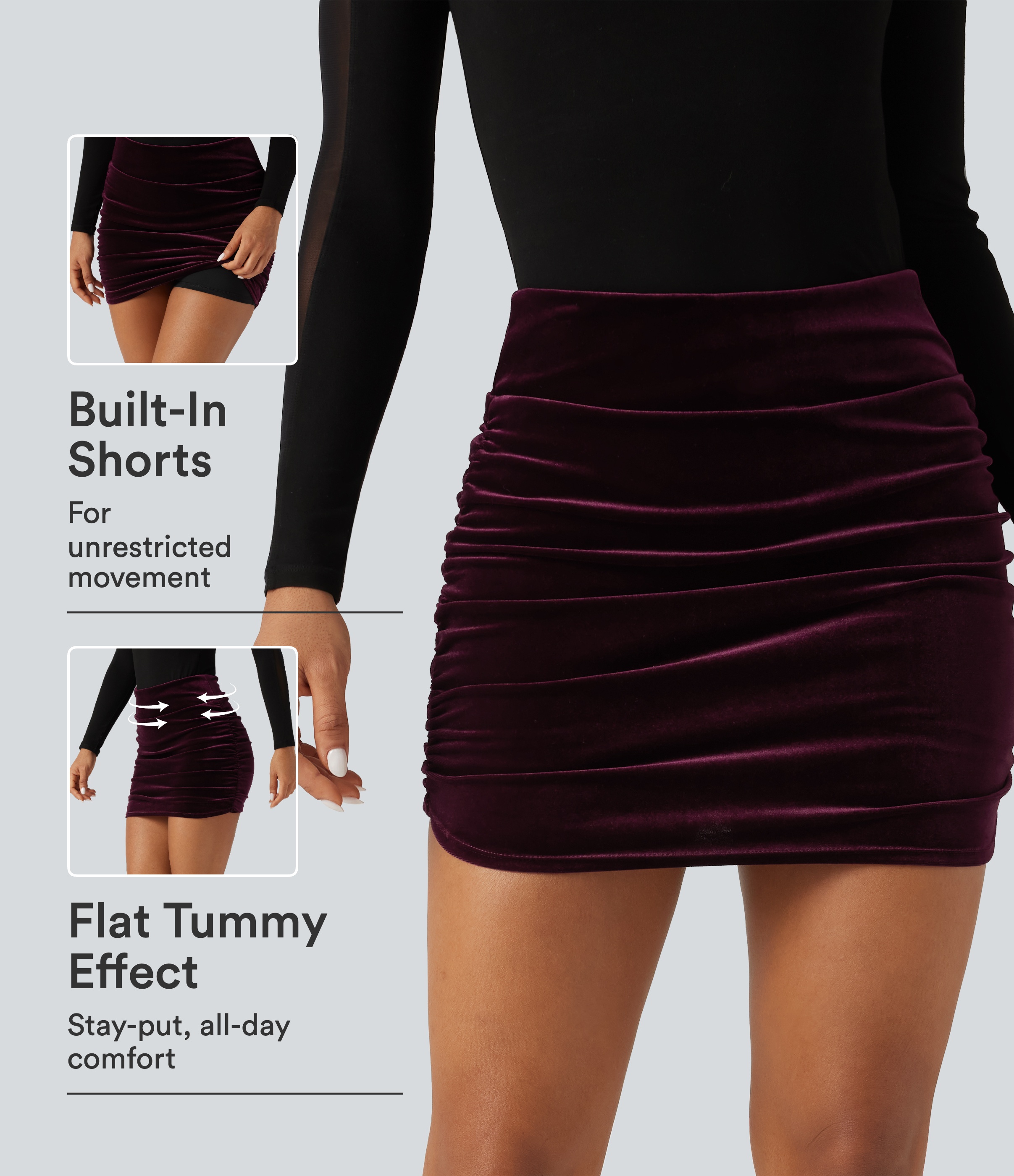 High Waisted 2-in-1 Velvet Ruched Tummy Control Bodycon Mini Party Skirt