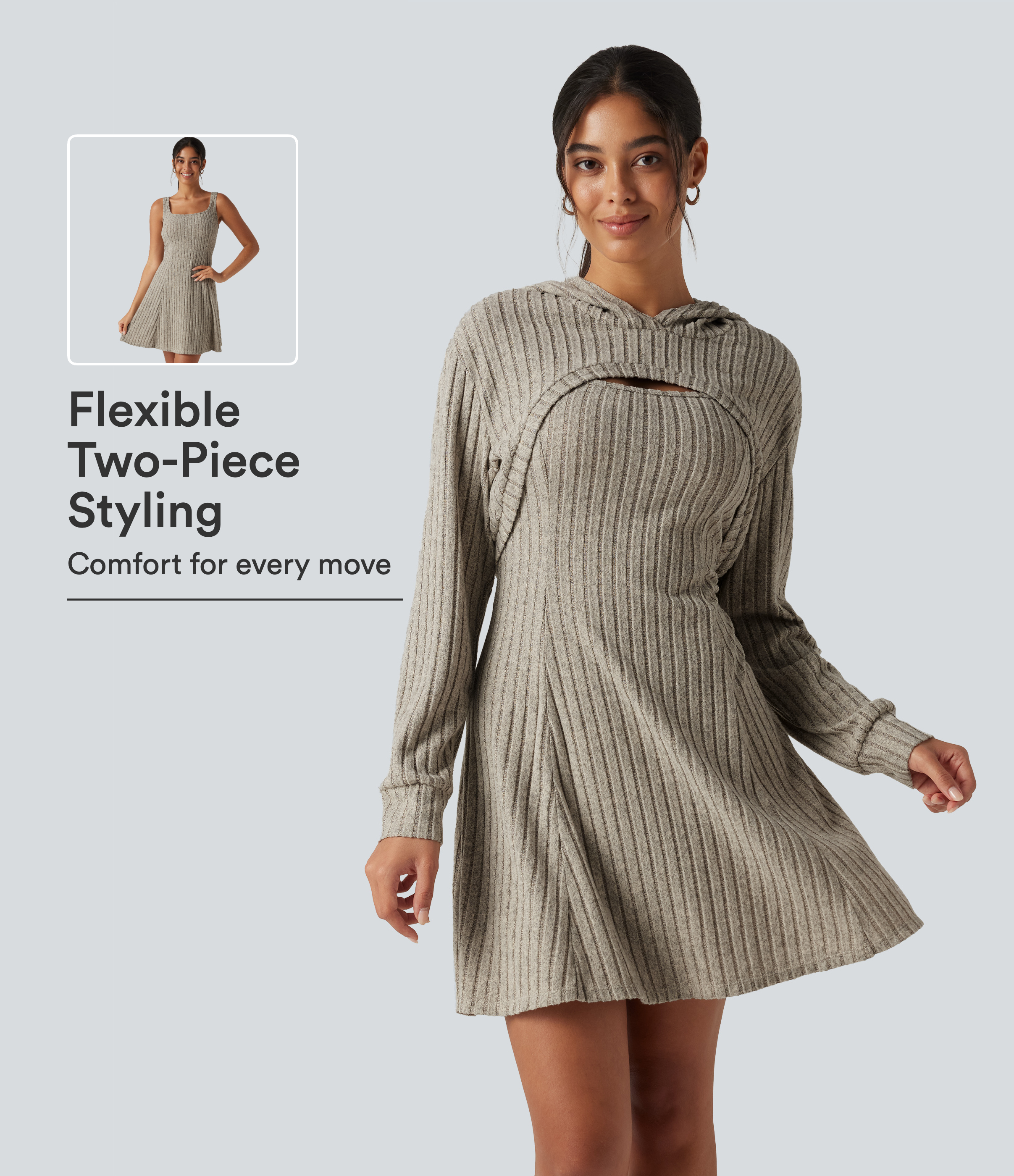 Ribbed Knit Hooded Long Sleeve 2-Piece Mini Casual Dress