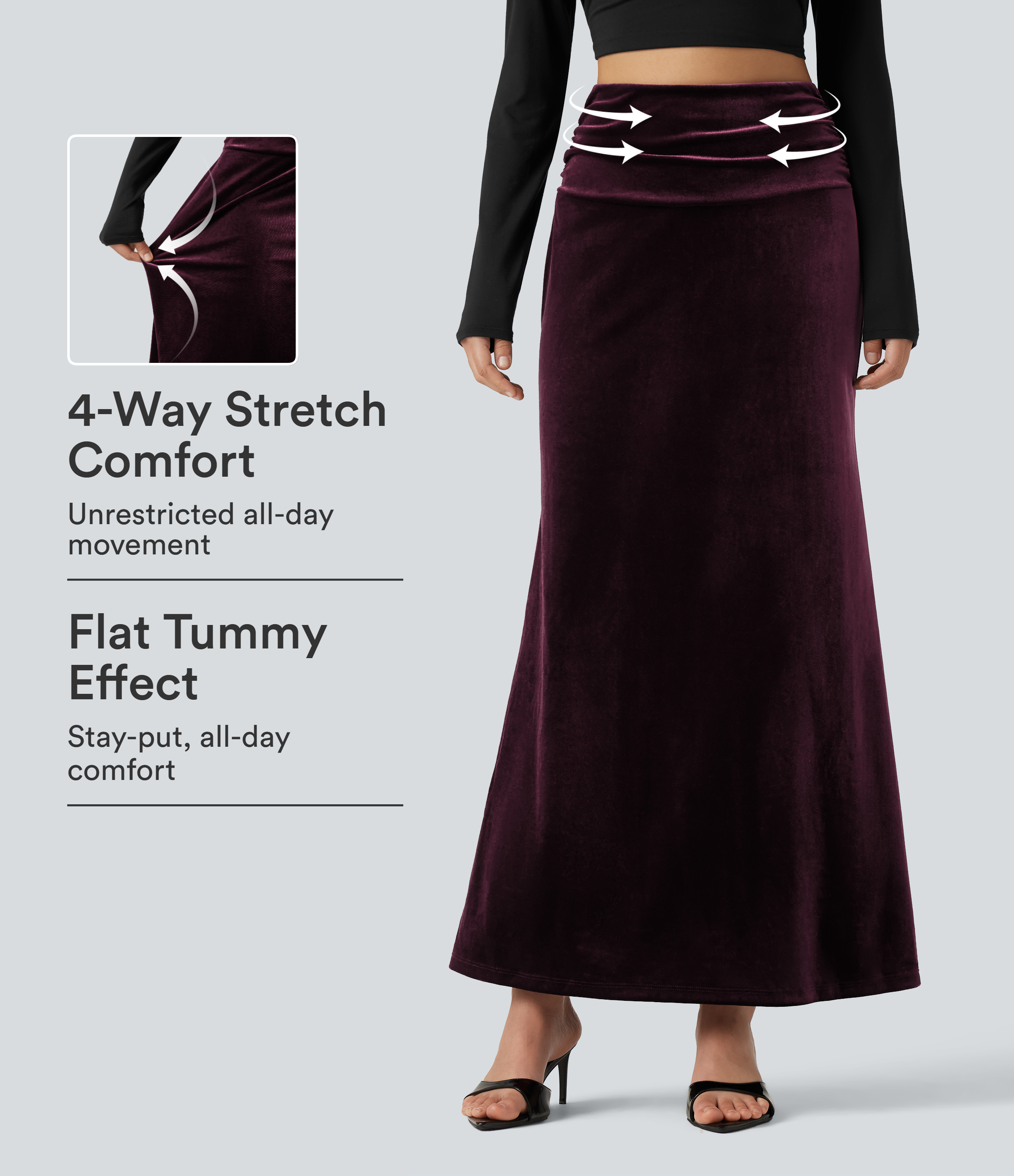 High Waisted Tummy Control Ruched Velvet Maxi Mermaid Skirt