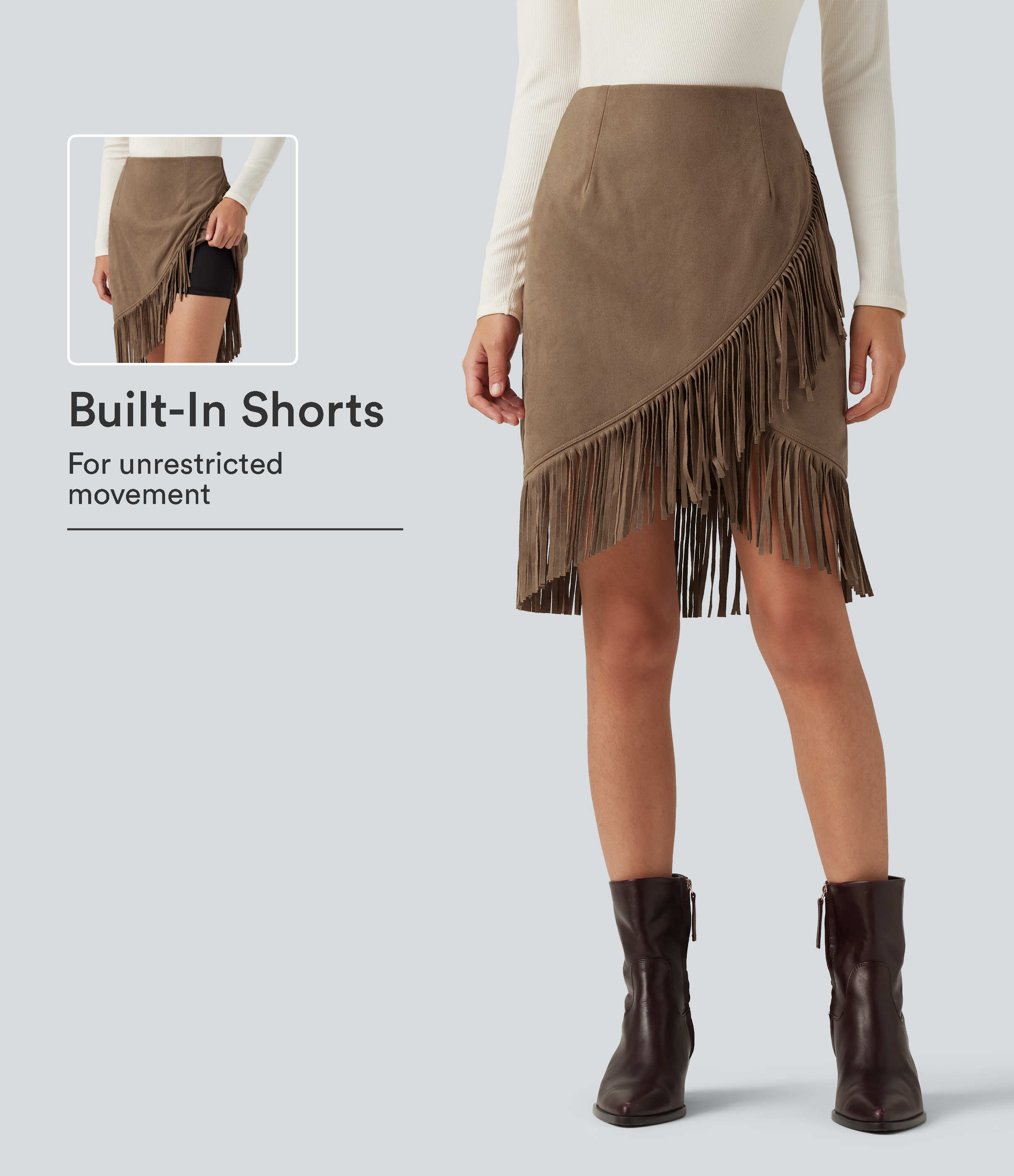High Waisted 2-in-1 Fringe Hem Midi Suede Party Skirt