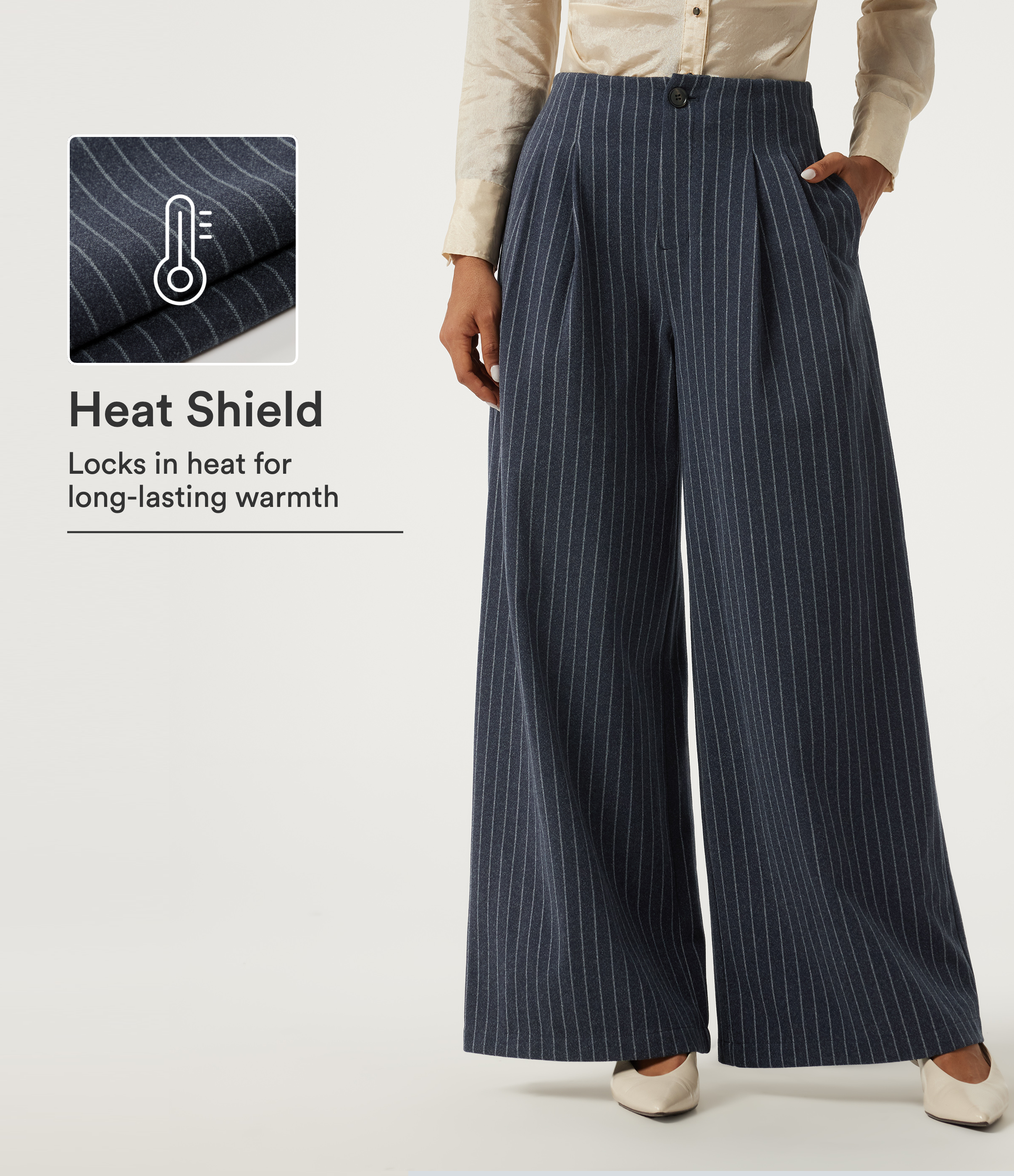 High Waisted Wide Leg Stripe Fleece Work Pants with Pockets