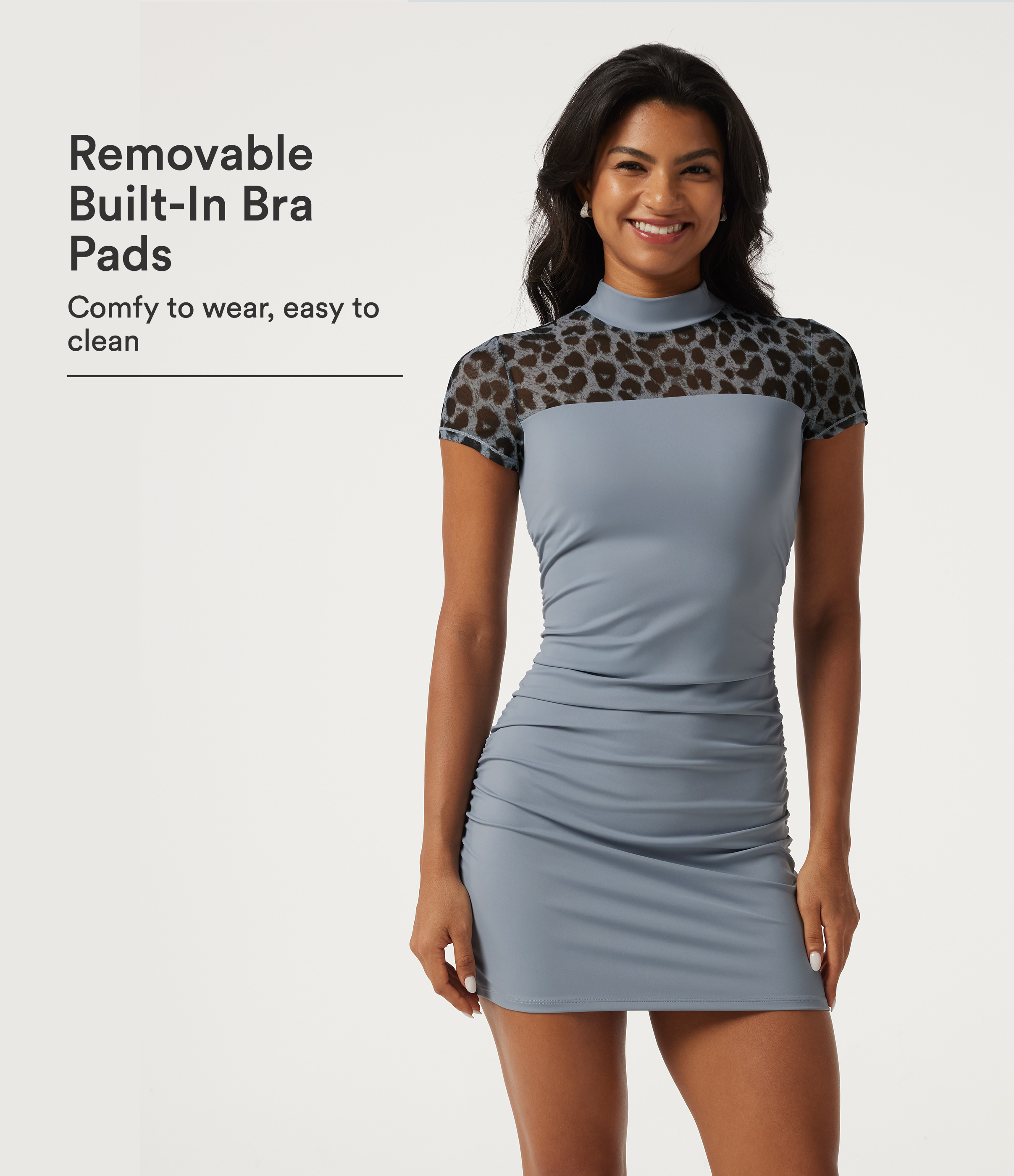 Softlyzero™ Airy Mock Neck Short Sleeve Ruched Built-in Bra Leopard InstantCool Mini Casual Dress