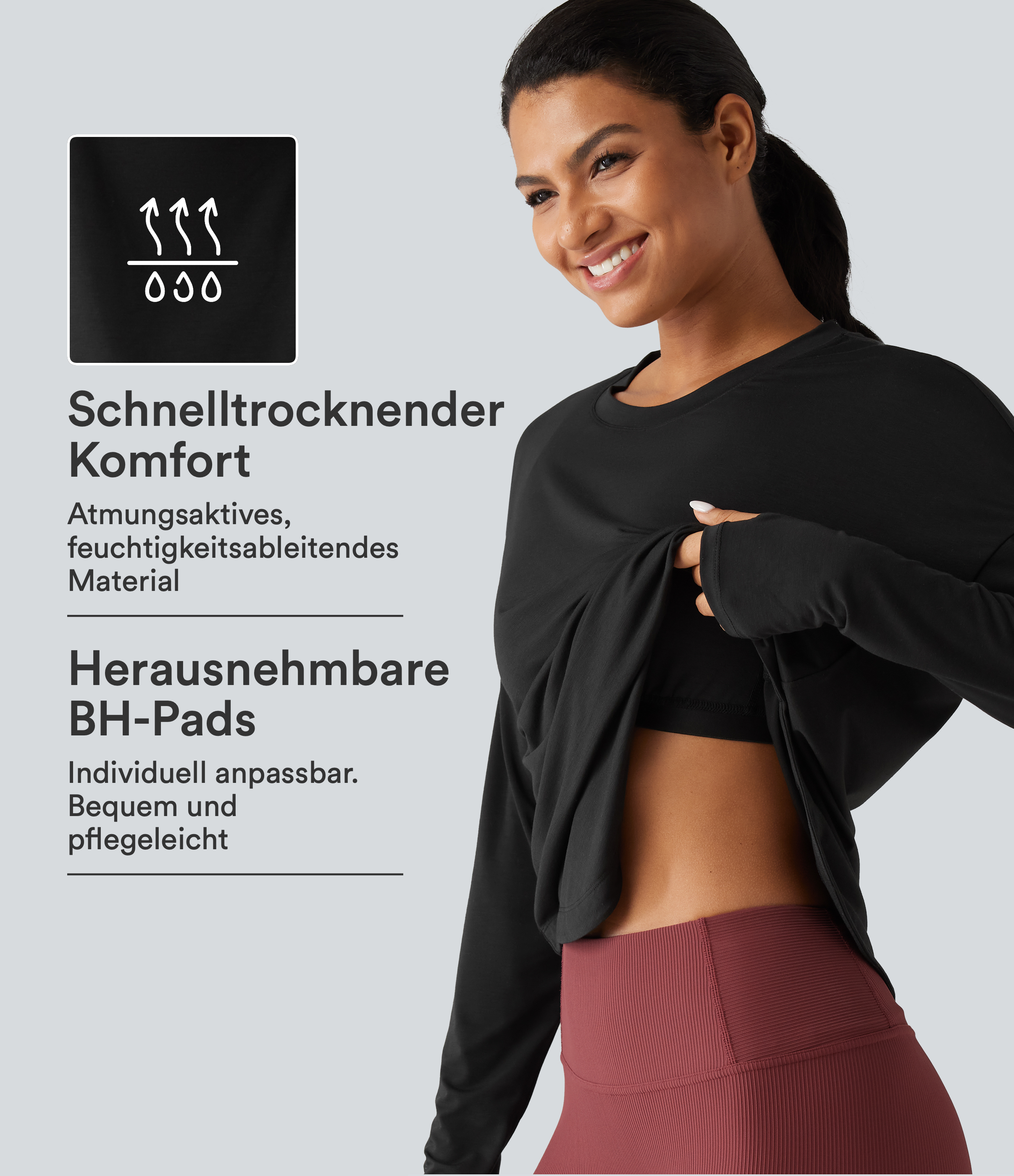 Yoga-Sport-Top mit Rundhalsausschnitt, langen Ärmeln, Daumenlöchern und integriertem BH - schnelltrocknend