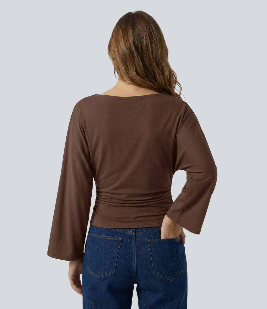 Partridge Boat Neck Flounce Long Sleeve Ruched Curved Hem Casual Top / 2