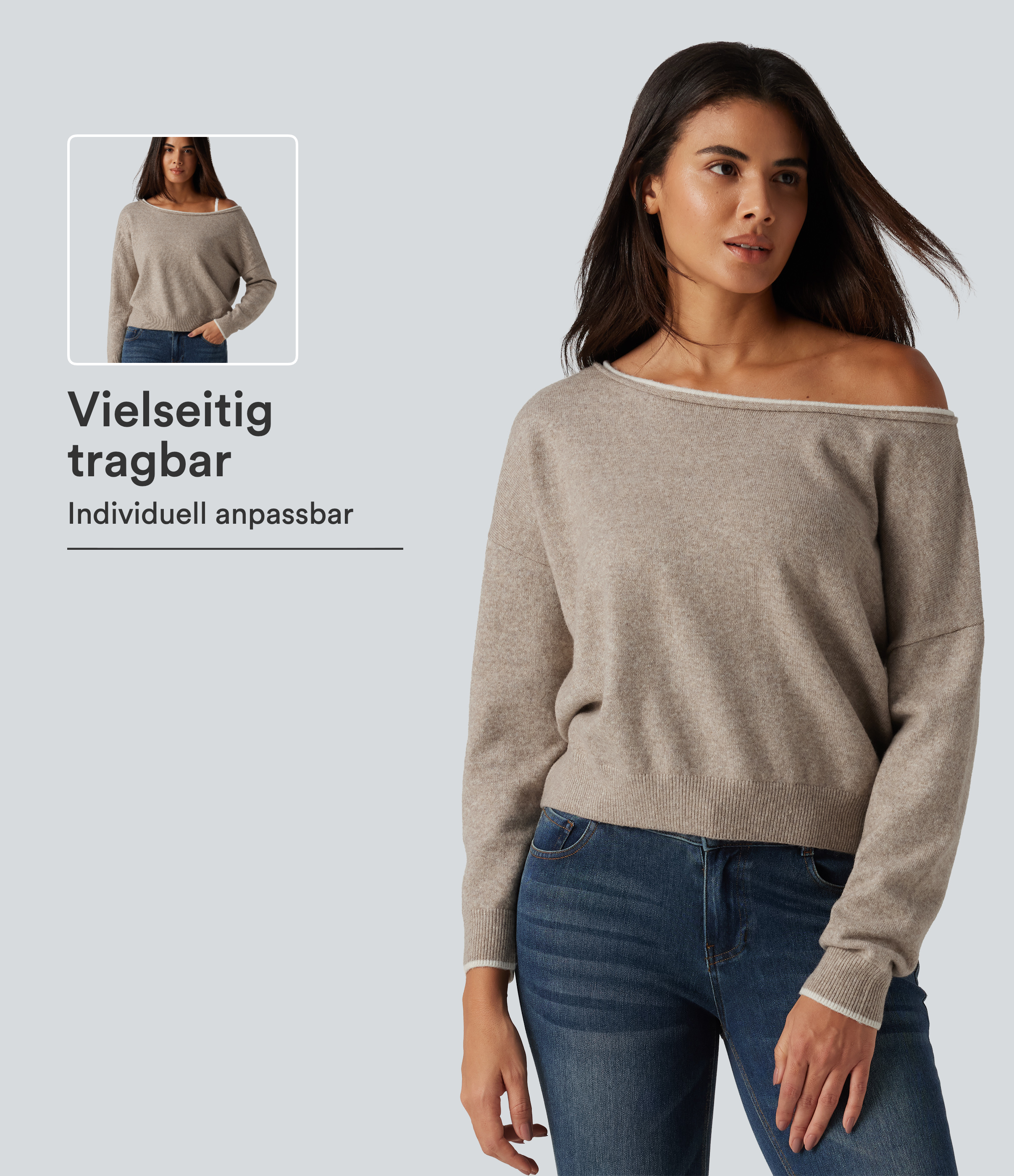 Oatstone Beige Lässiger Pullover mit langen Ärmeln und One-Shoulder-Design / 1