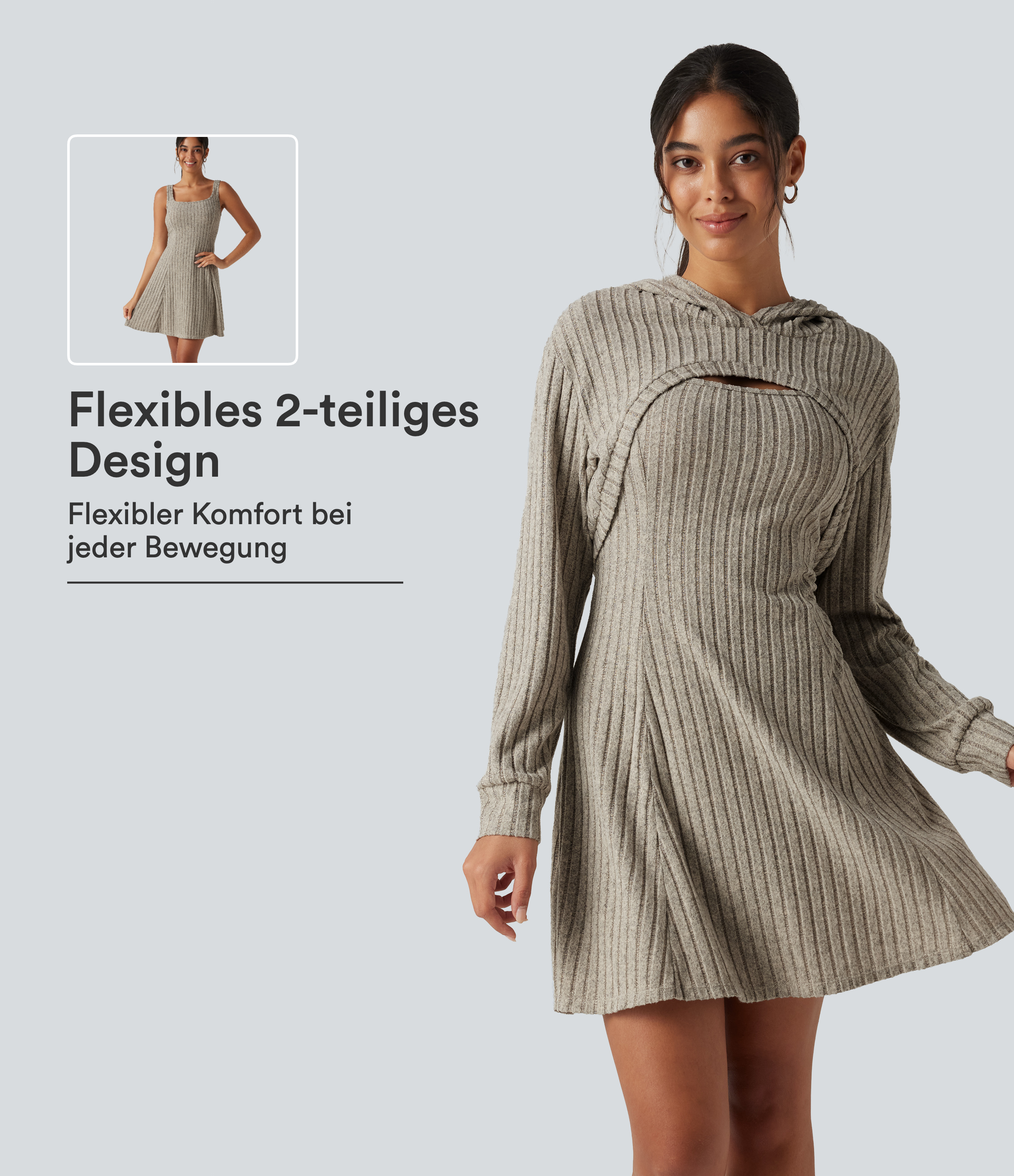 Lässiges, 2-teiliges Minikleid aus geripptem Strick mit Kapuze und langen Ärmeln