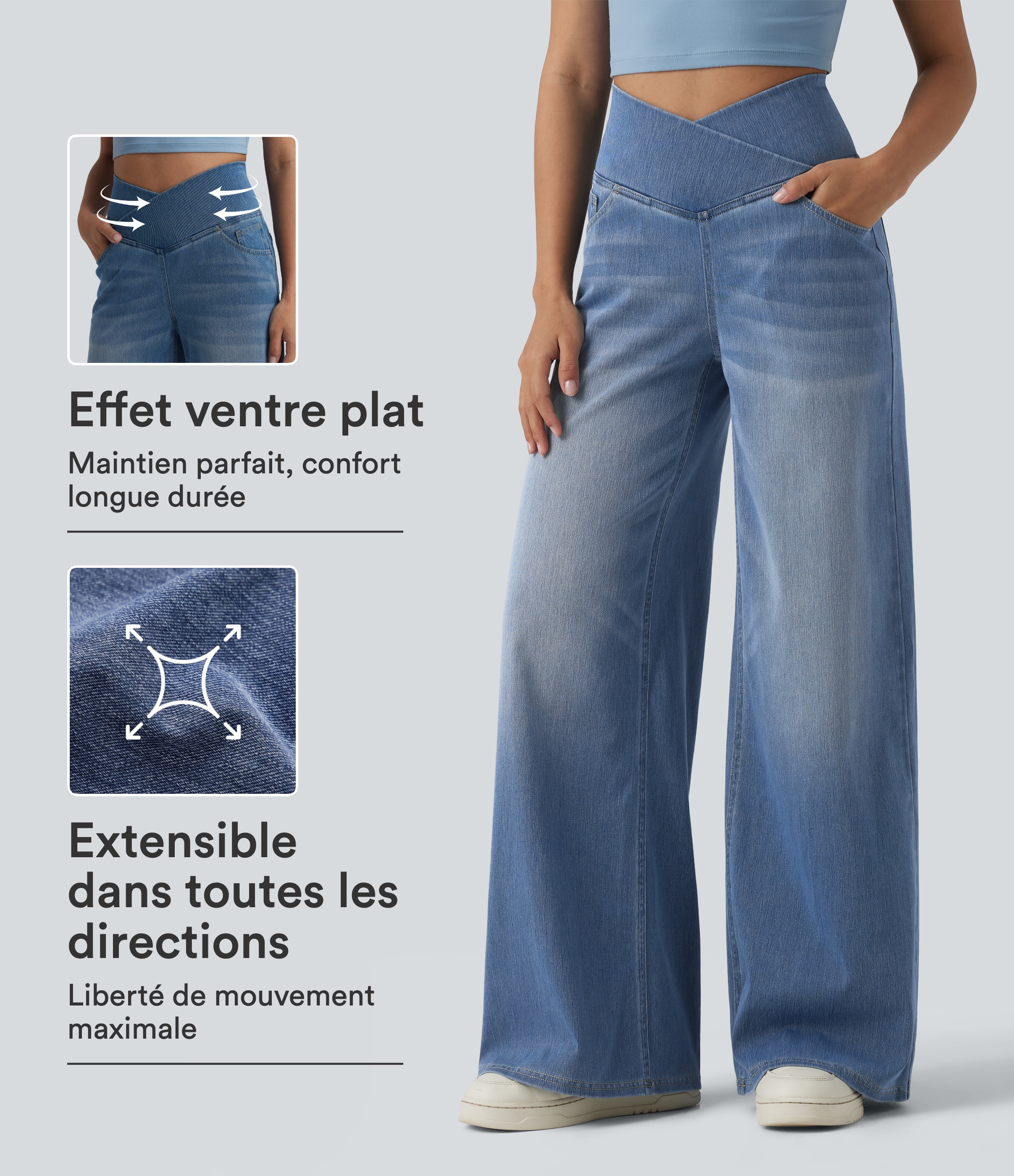 Halara Flex™ Jean large casual taille haute croisée ventre plat, avec poches