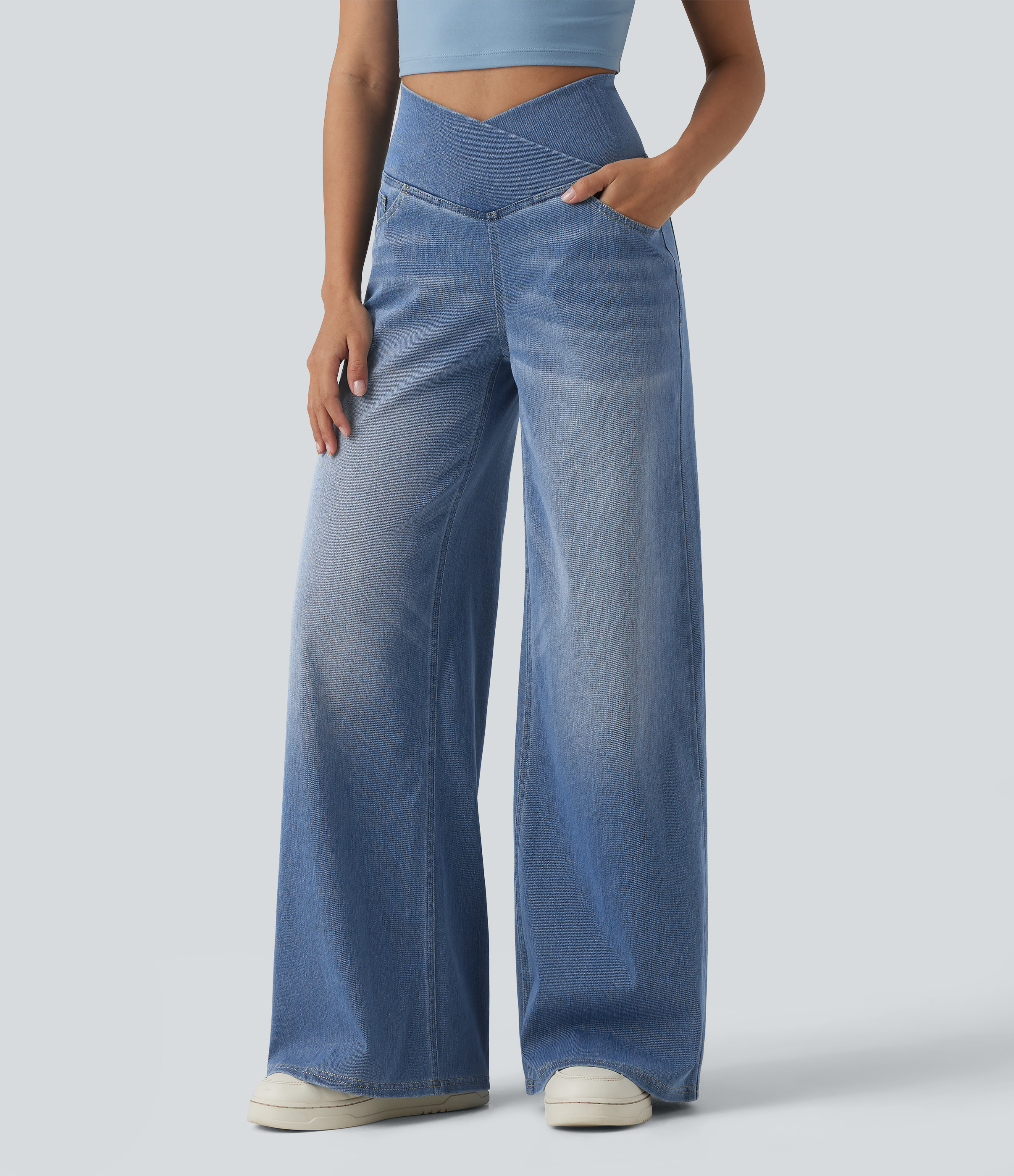 Halara Flex™ Jean large casual taille haute croisée ventre plat, avec poches