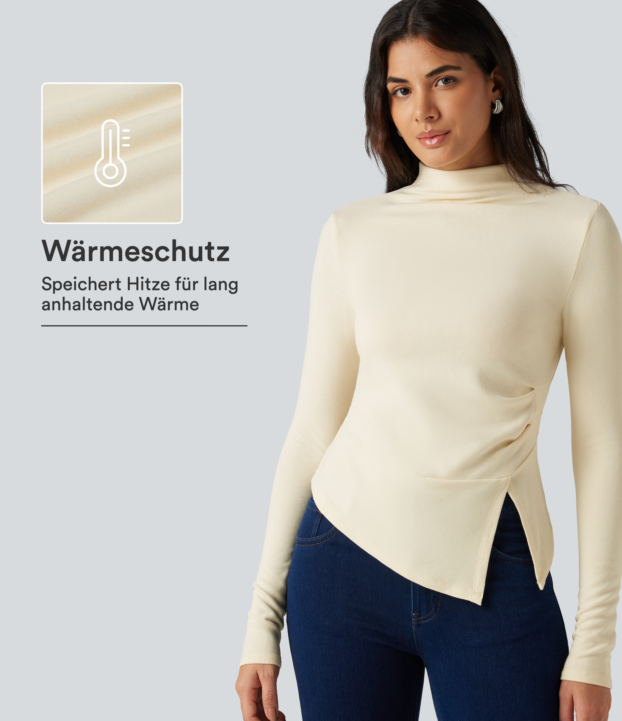 Lily White Lässiges Thermo-T-Shirt mit Stehkragen, langen Ärmeln und asymmetrischem Saum / 1