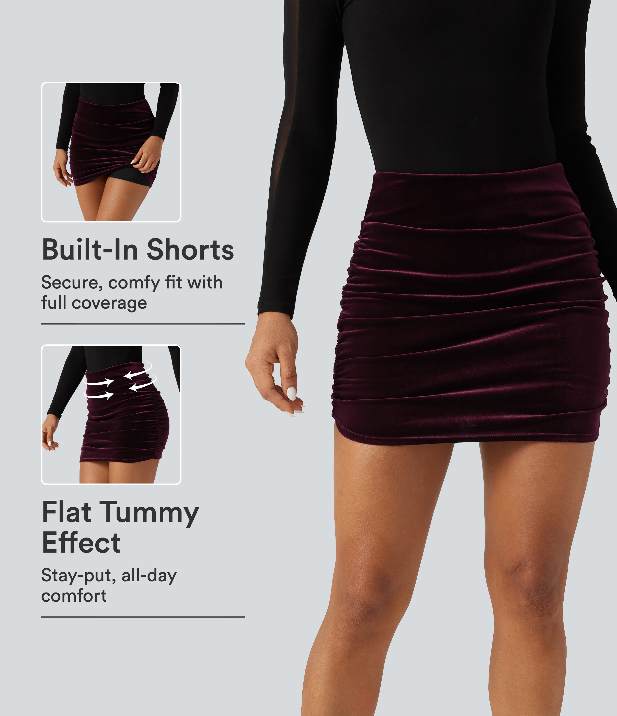 High Waisted 2-in-1 Velvet Ruched Tummy Control Bodycon Mini Party Skirt