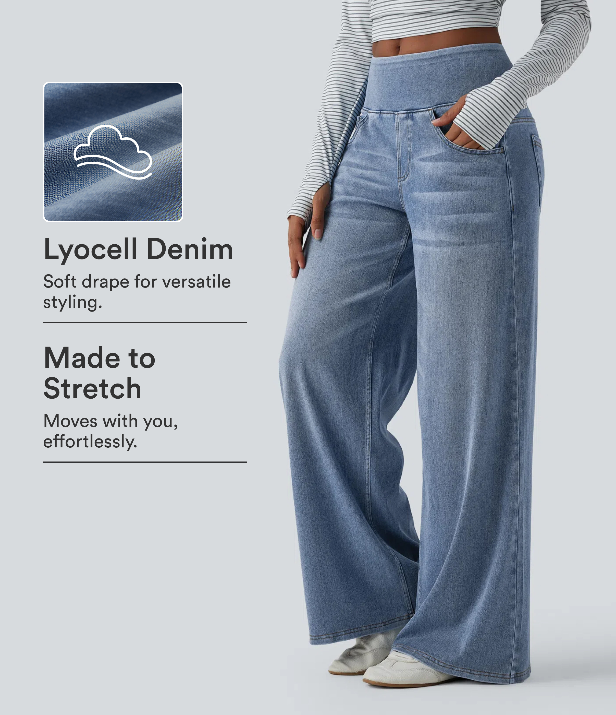 Halara Flex™ Mid Rise Draped Lyocell Washed Casual Baggy Wide Leg Jeans with Pockets