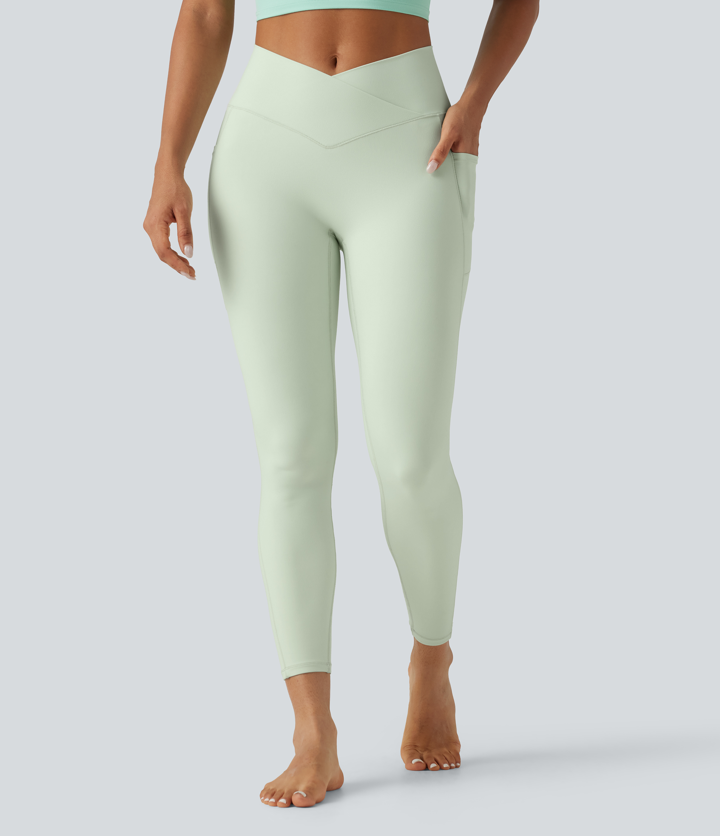 SoftlyZero™ High Waisted Crossover Plain Yoga Leggings with Pockets