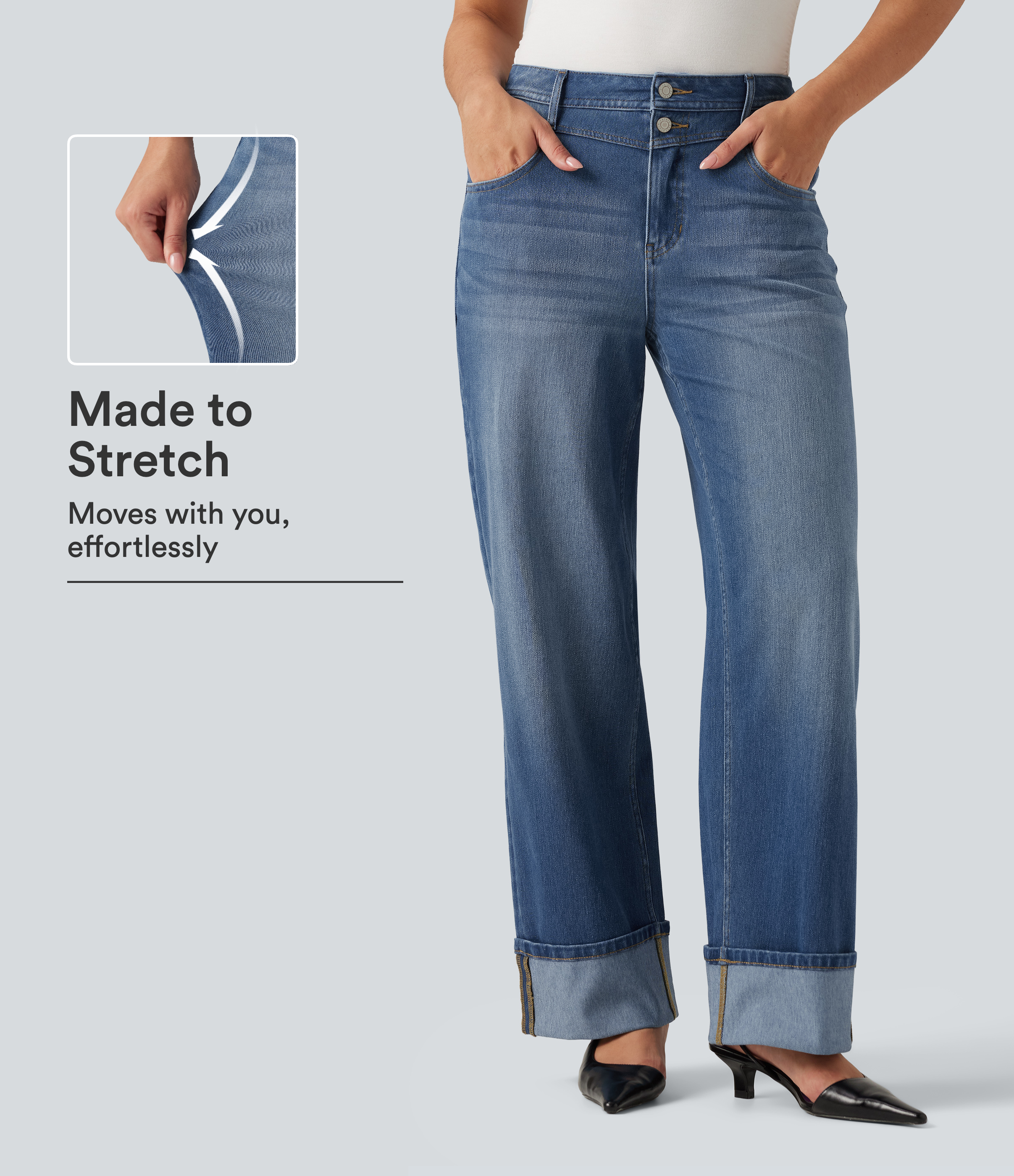 Halara Flex™ High Waisted Straight Leg Rolled Hem Casual Jeans with Pockets