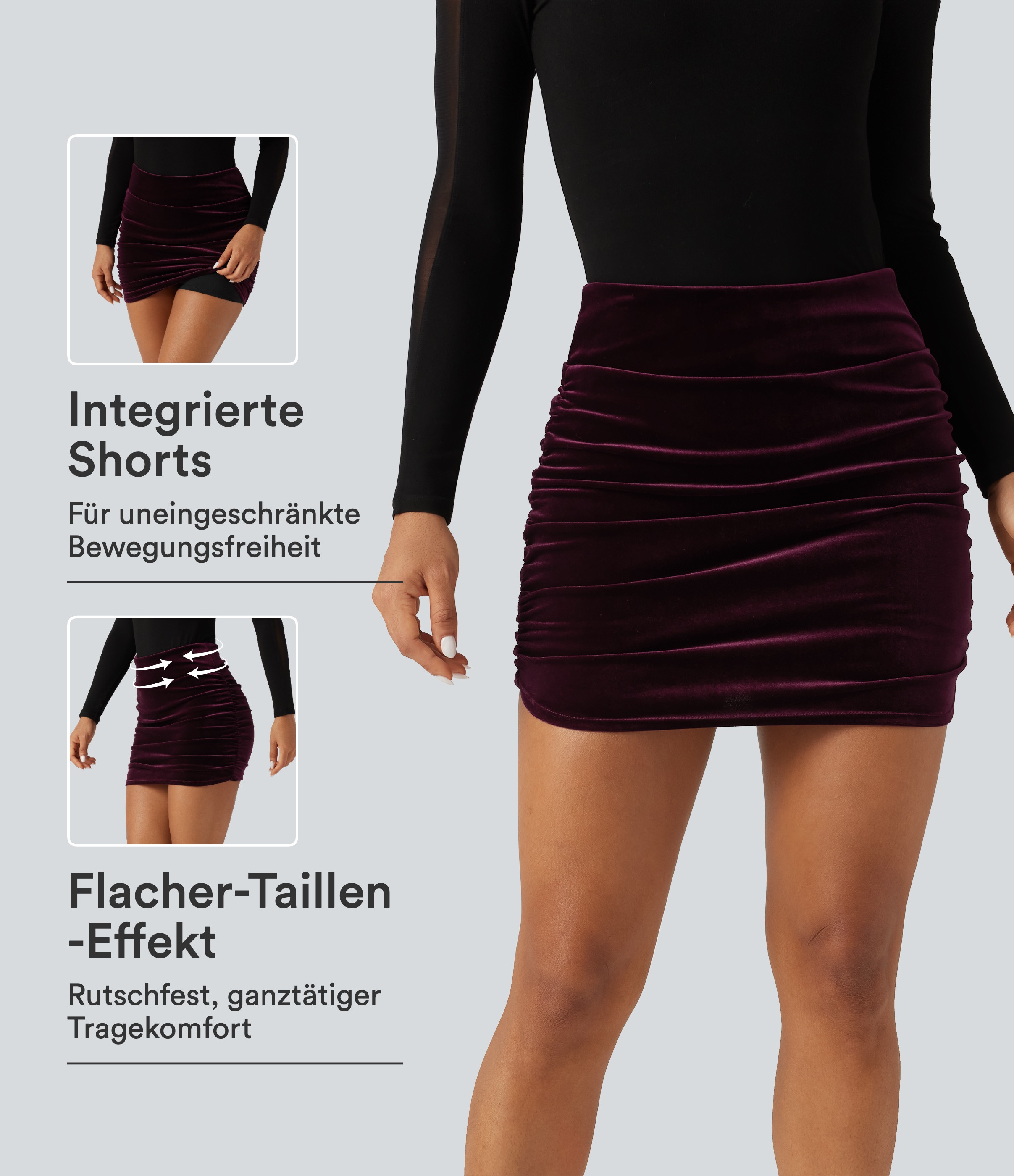 Dusky purple Figurbetonter, geraffter 2-in-1 Party-Minirock aus Samt mit hohem Bund und Bauchkontrolle / 1