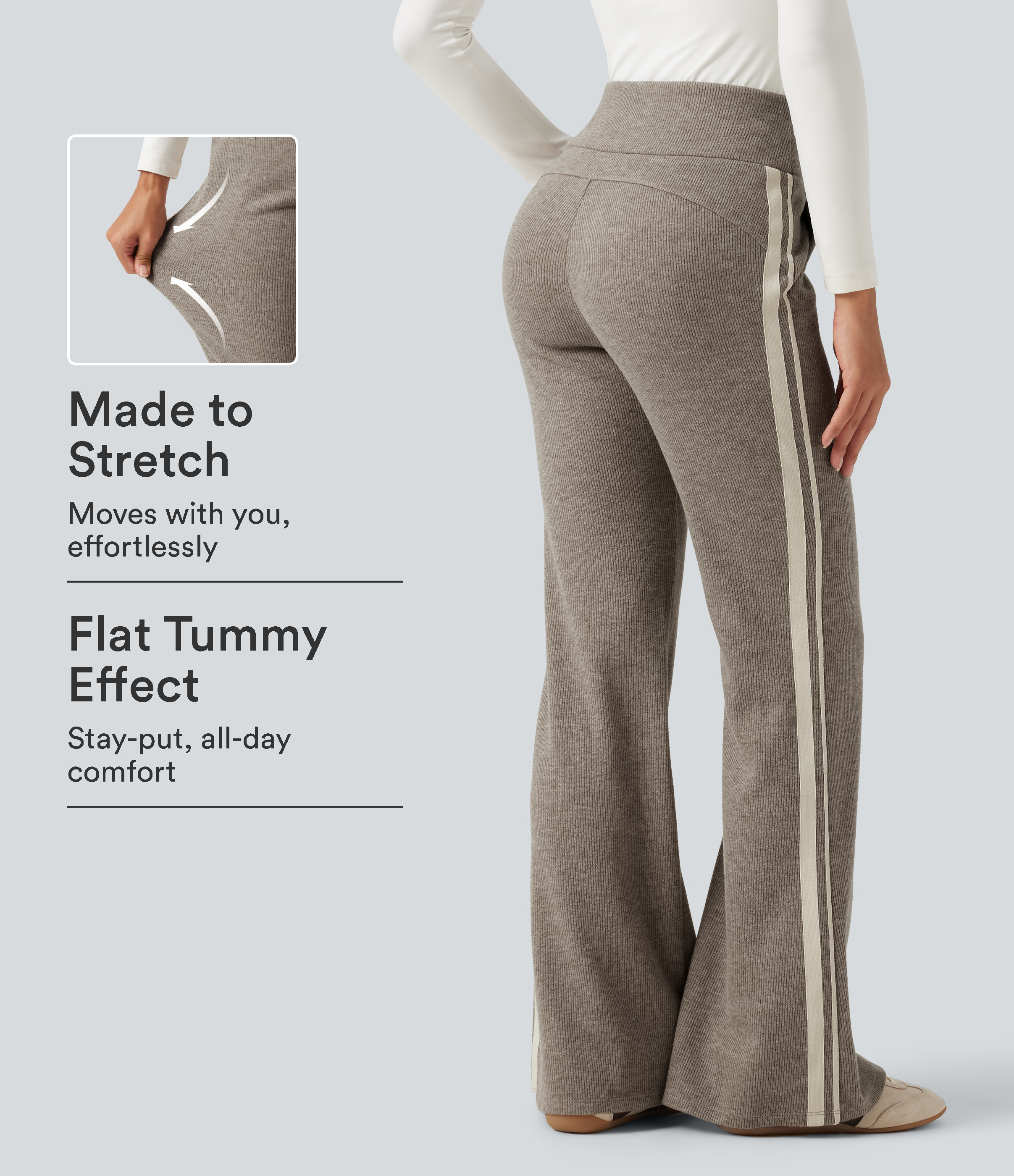 Ribbed High Waisted Tummy Control Drawstring Side Stripe Flare Casual Pants with Pockets