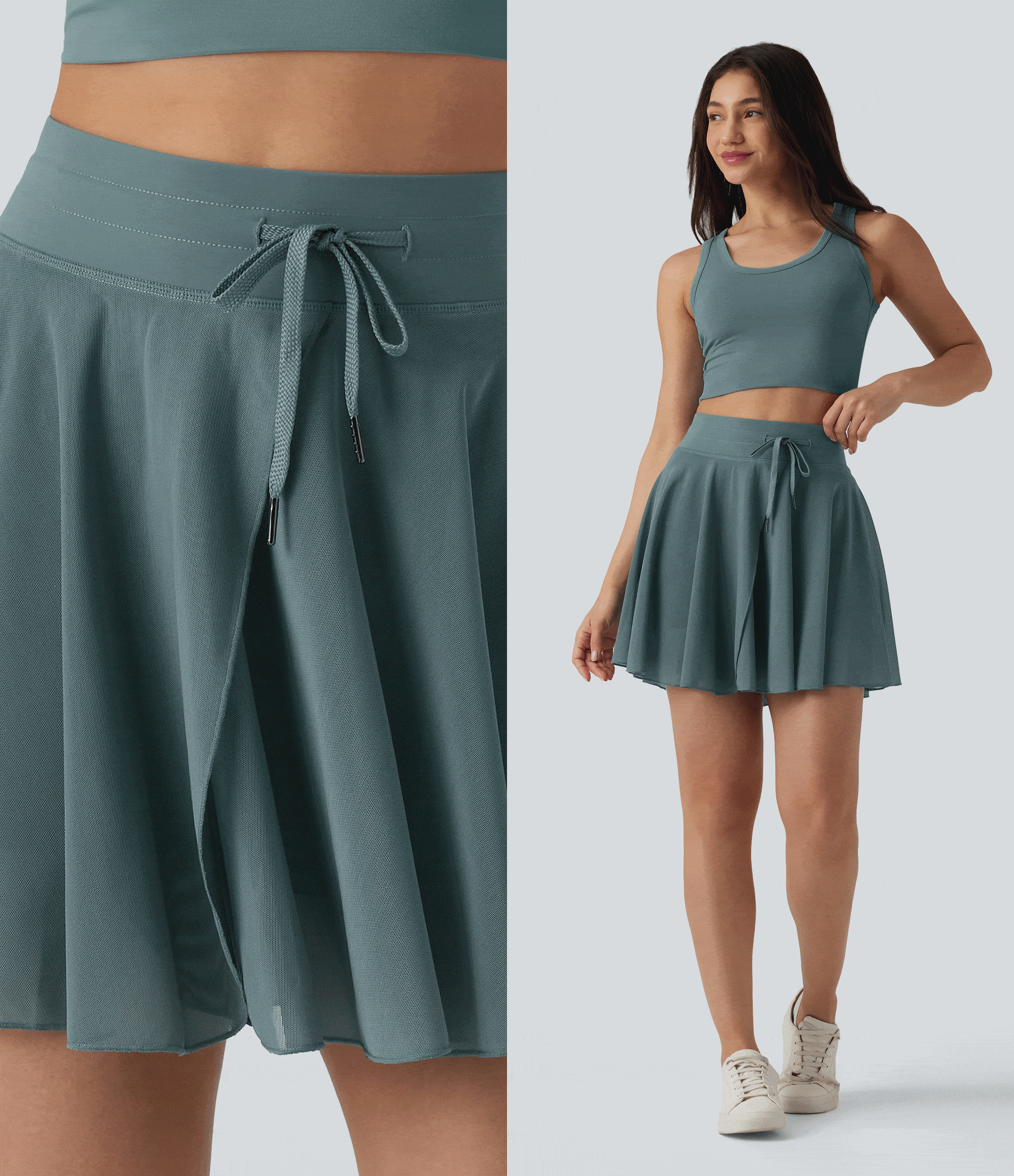 Mineral Blue High Waisted Drawstring Contrast Mesh 2-in-1 Pocket Flowy Mini Flare Casual Skirt-Longer Length / 2