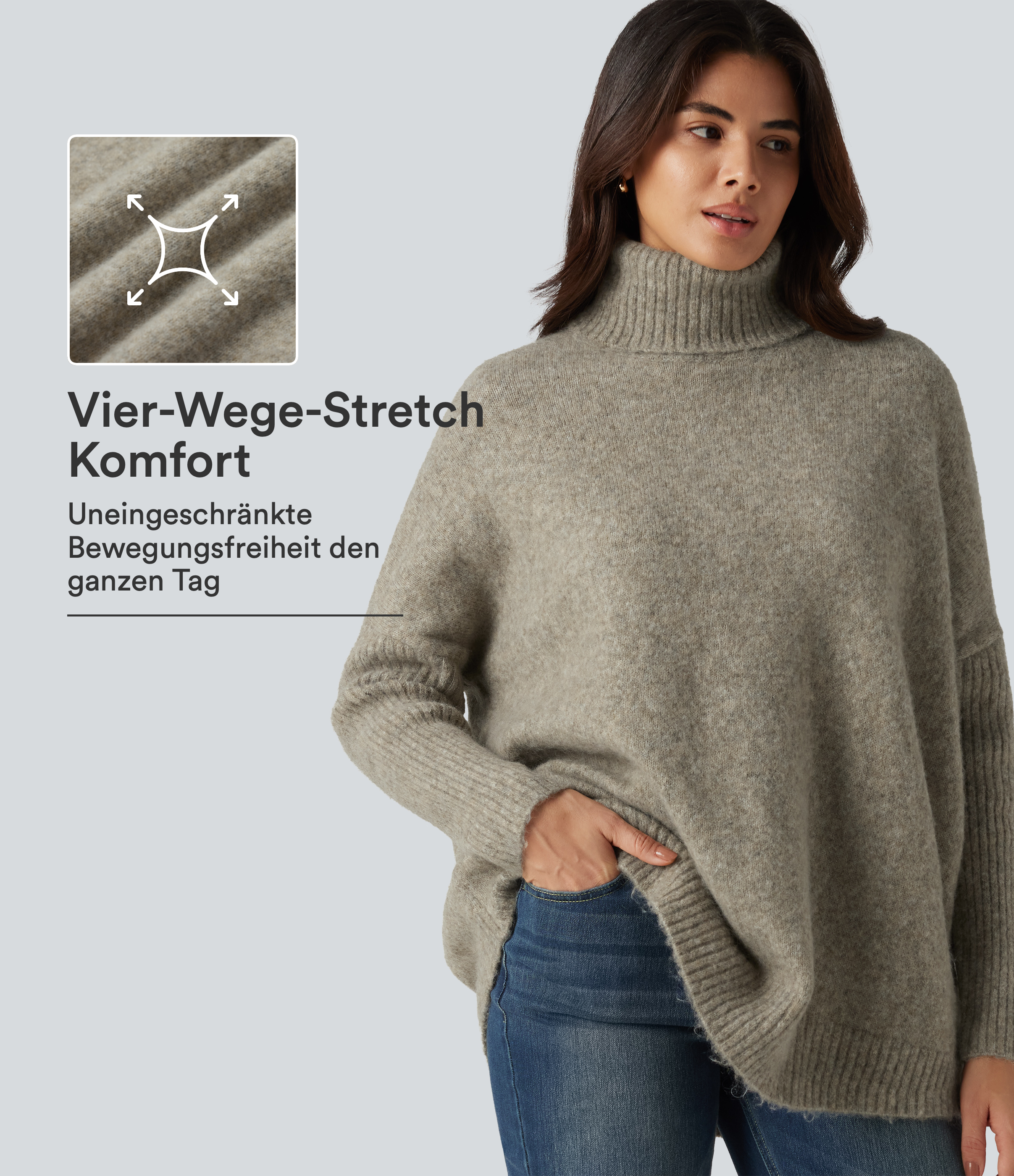 Lässiger, oversized Pullover mit hohem Kragen und langen Ärmeln