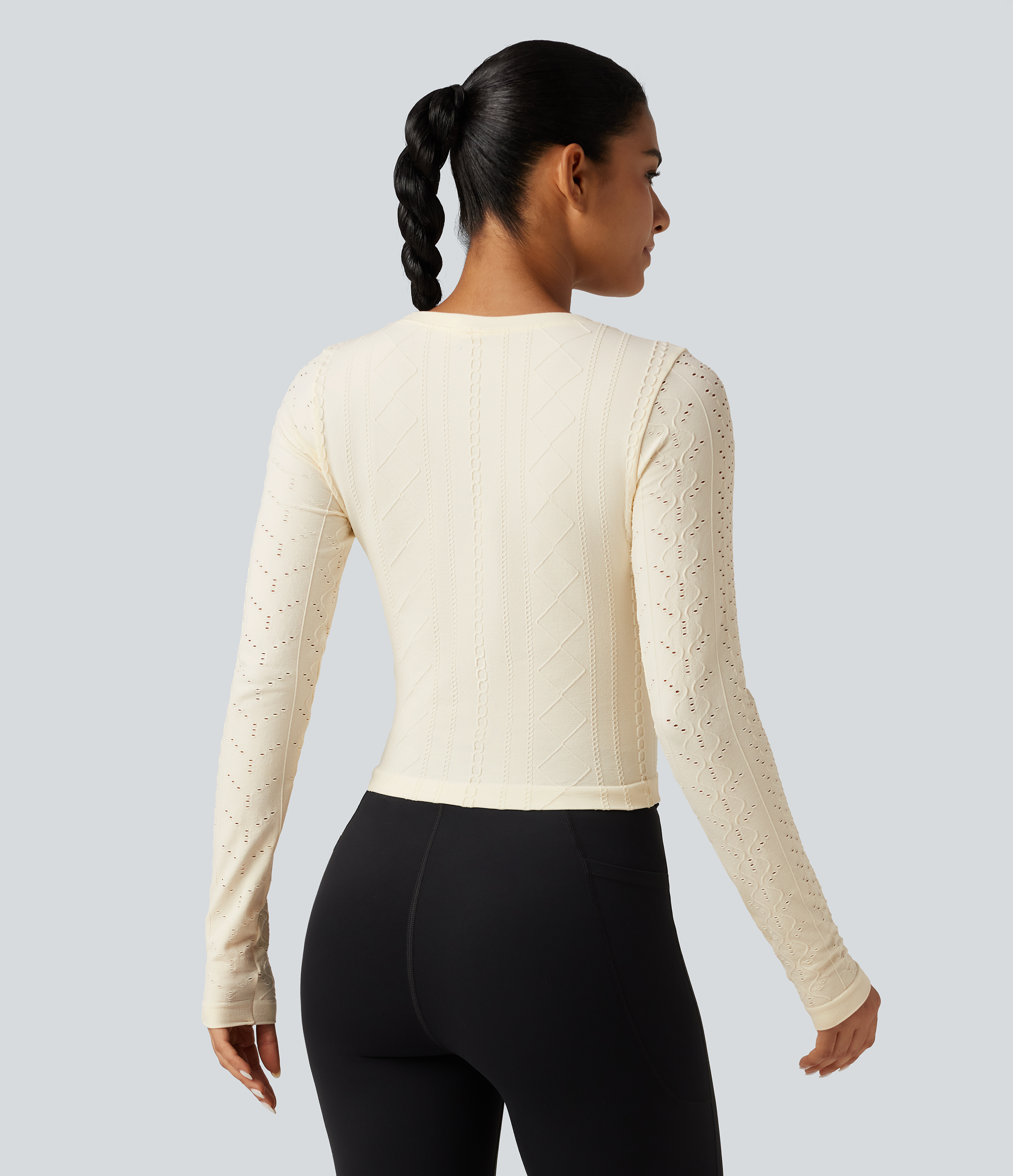 White Asparagus OneForm Seamless Flow Round Neck Long Sleeve Yoga Sports Top / 2