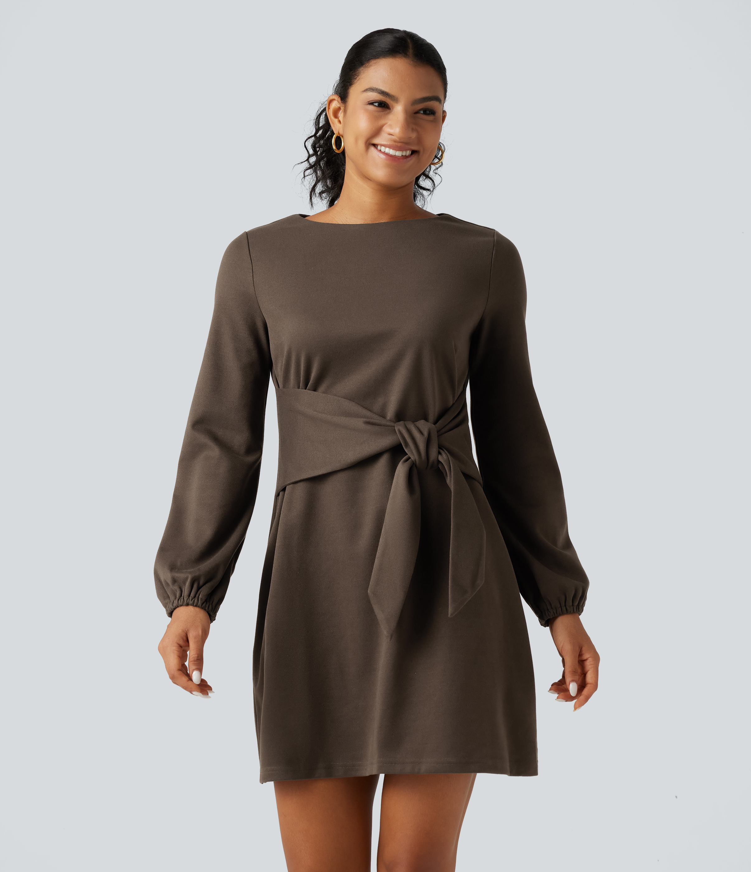 Round Neck Long Sleeve Tie Side Mini Work Dress