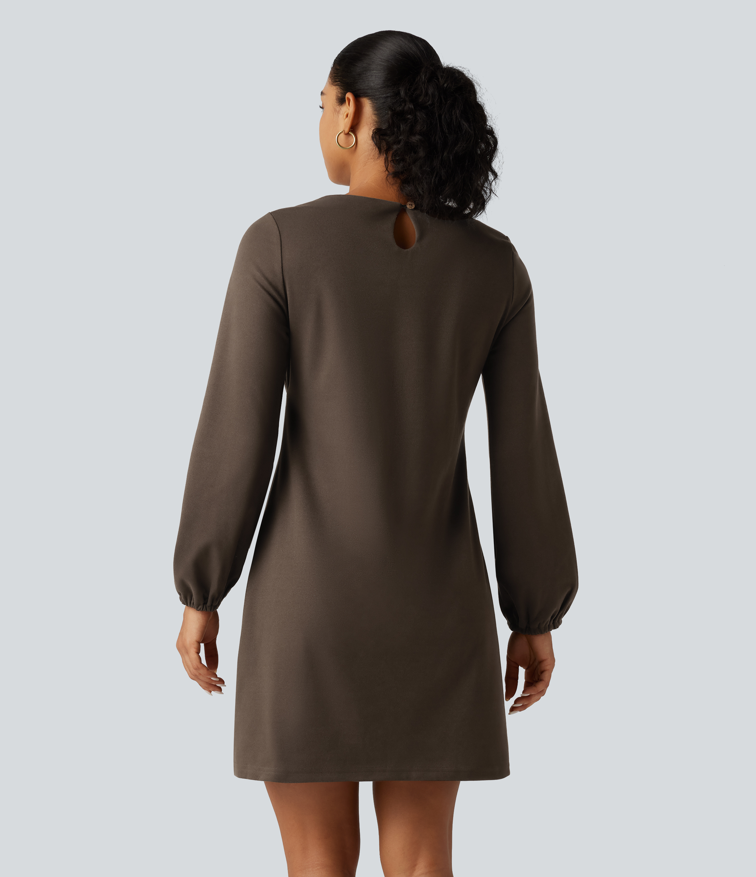 Rain Drum Round Neck Long Sleeve Tie Side Mini Work Dress / 2