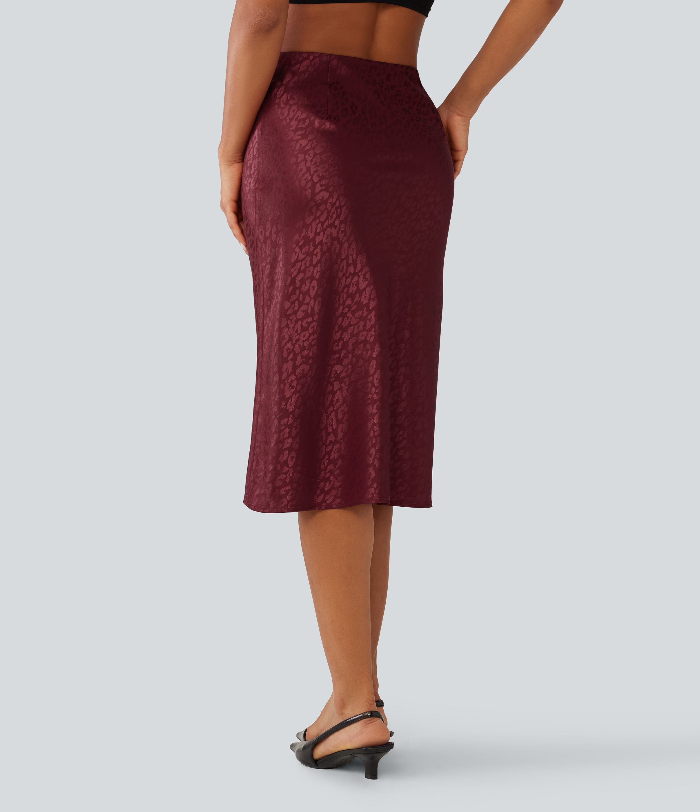 Burgundy Bloom Jacquard Сатенена миди пола тип „русалка“ с висока талия и леопардов принт (ежедневен стил) / 2