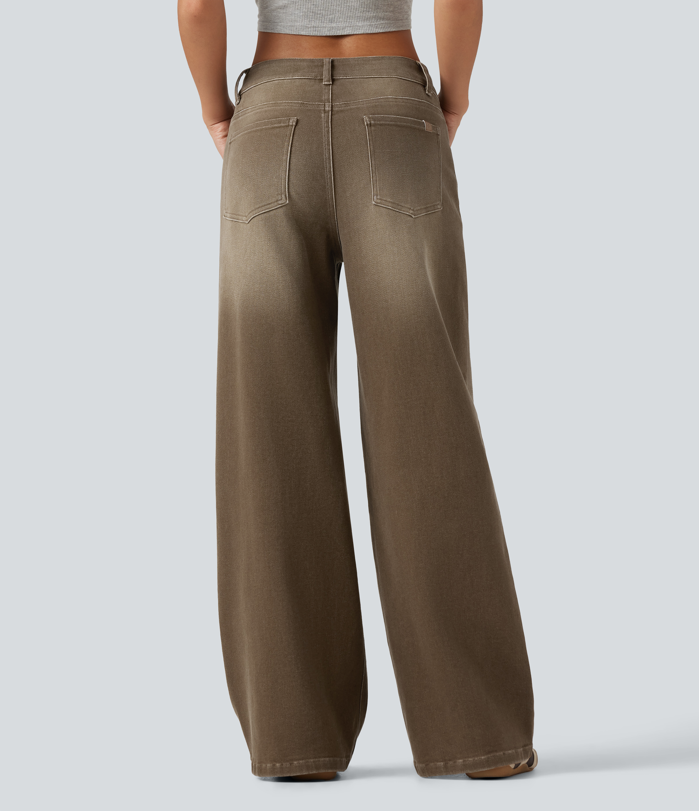 Rich Earth Brown Low Rise Asymmetric Wide Leg Colorful Casual Jeans with Pockets / 2