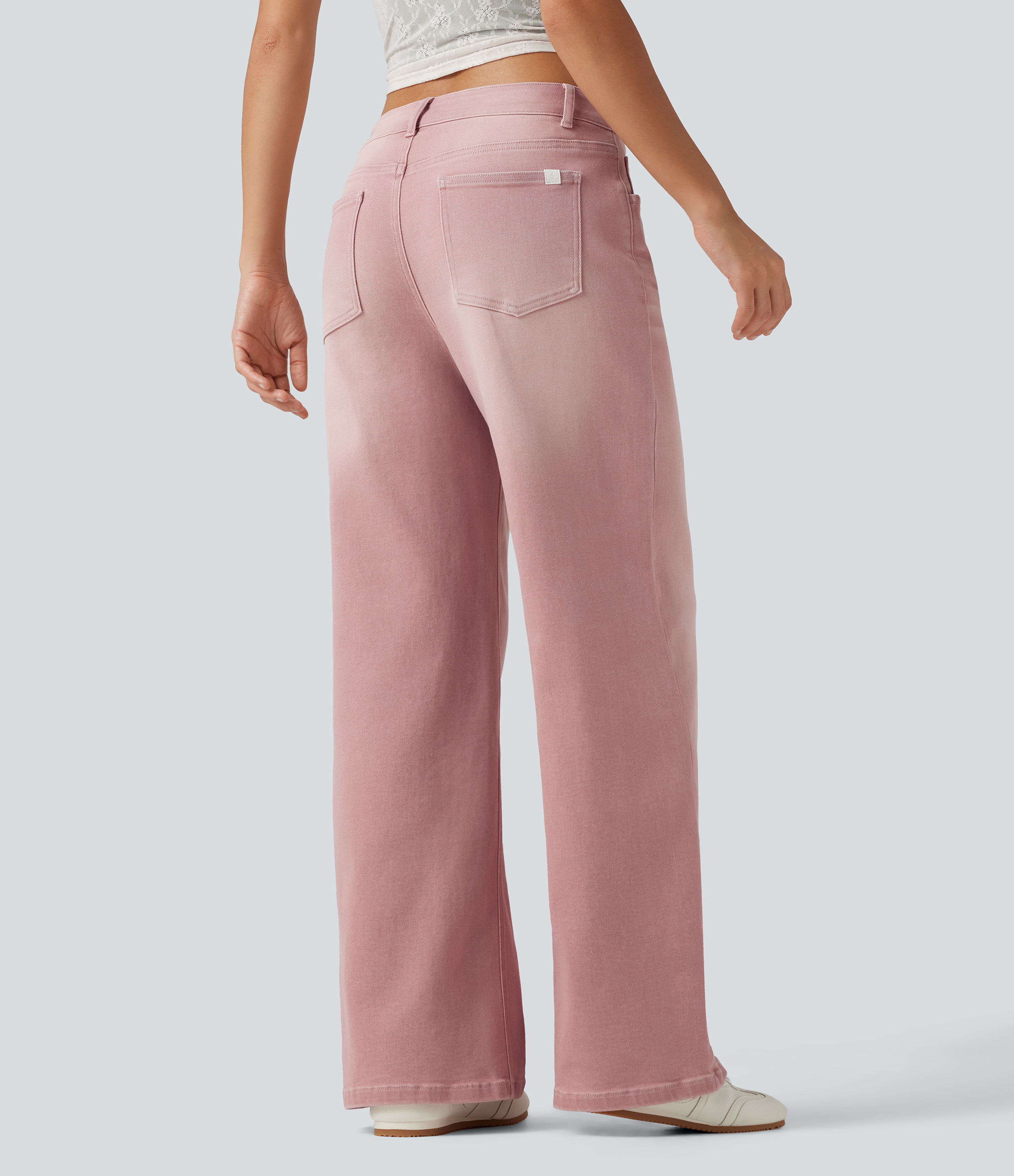 Cardamom Rose Pink Madala vöökohaga asümmeetrilise lõikega laia jalaosaga värvikad vabaaja teksad taskutega / 2