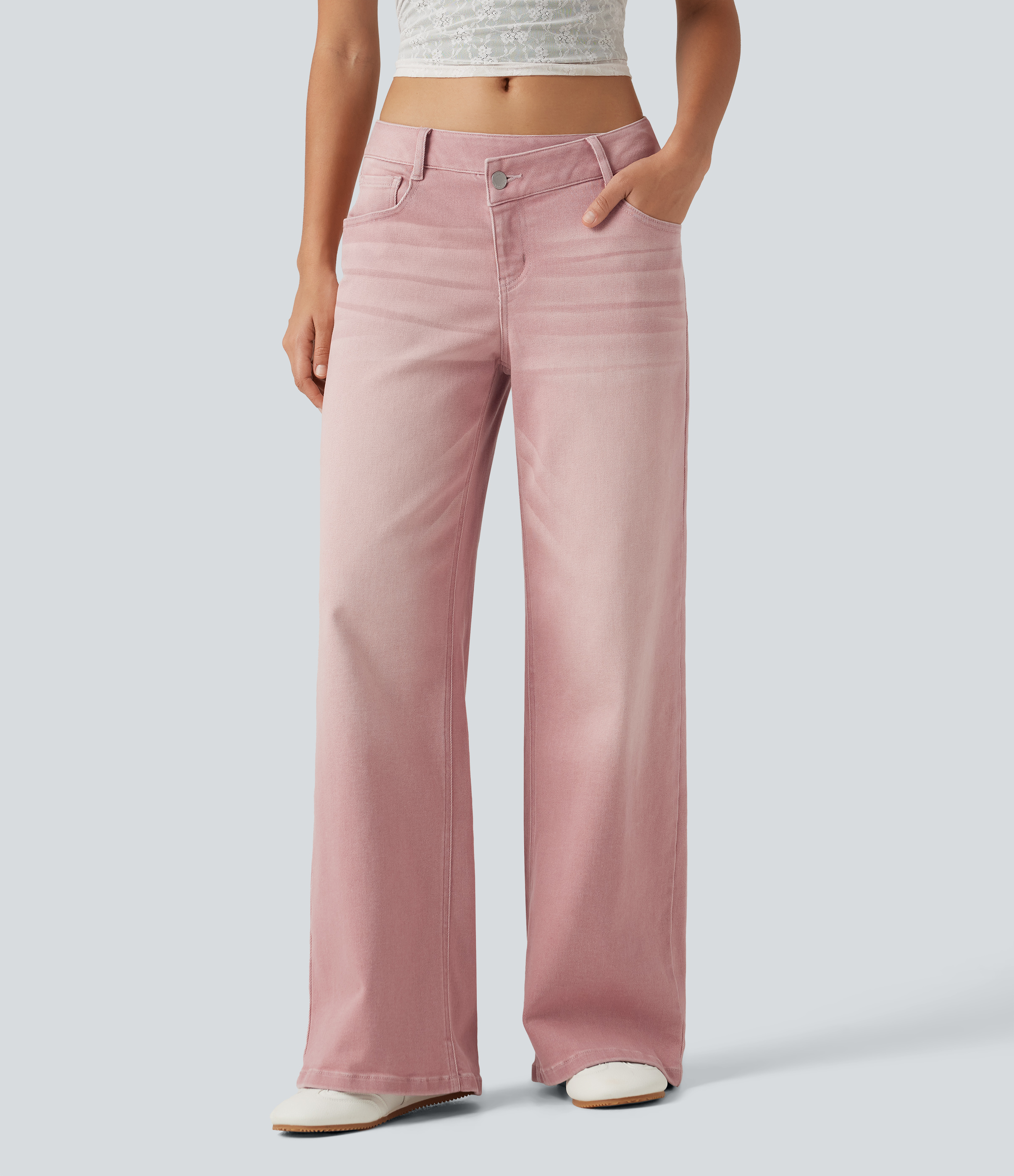 Low Rise Asymmetric Wide Leg Colorful Casual Jeans with Pockets