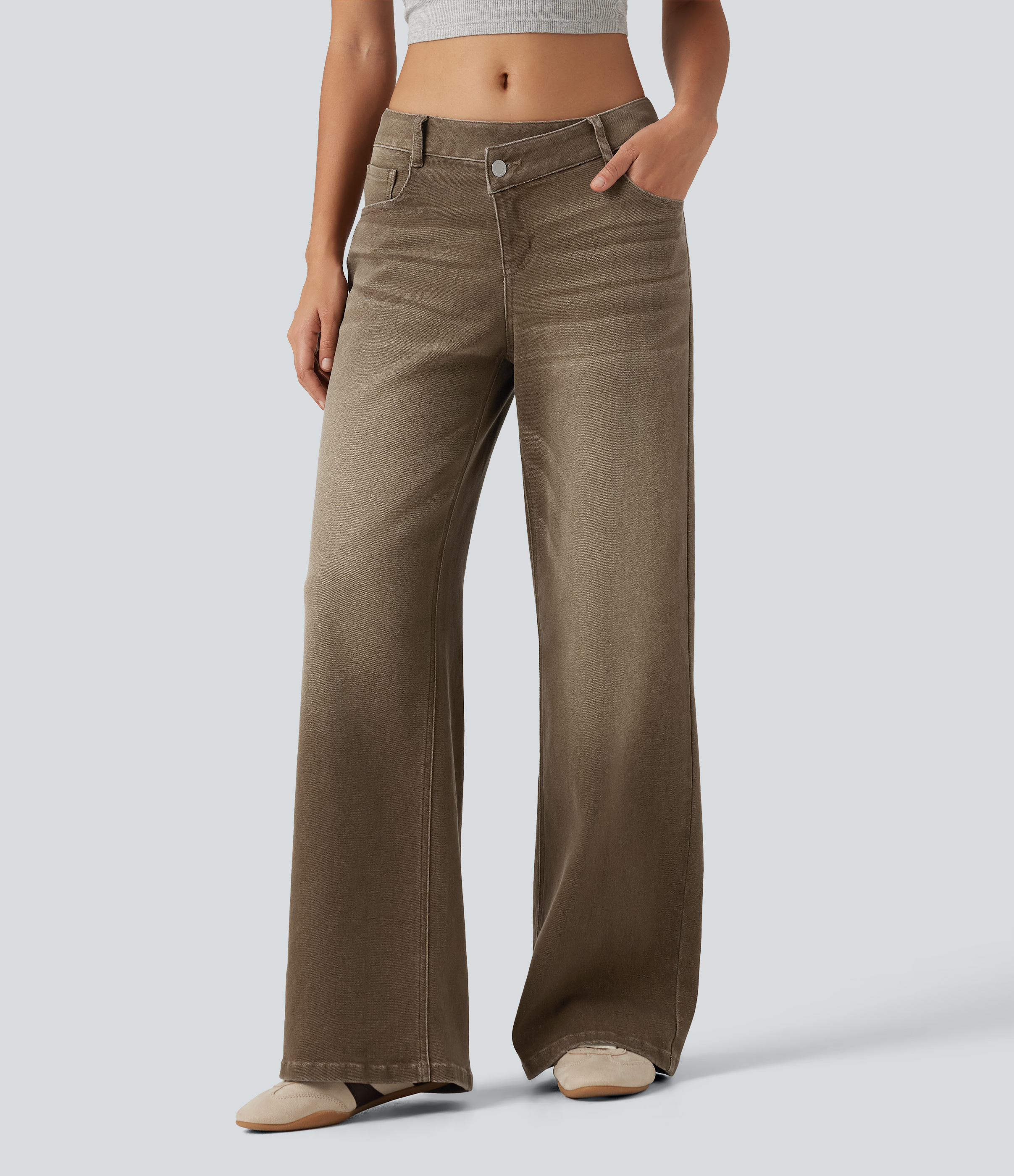 Rich Earth Brown Low Rise Asymmetric Wide Leg Colorful Casual Jeans with Pockets / 1