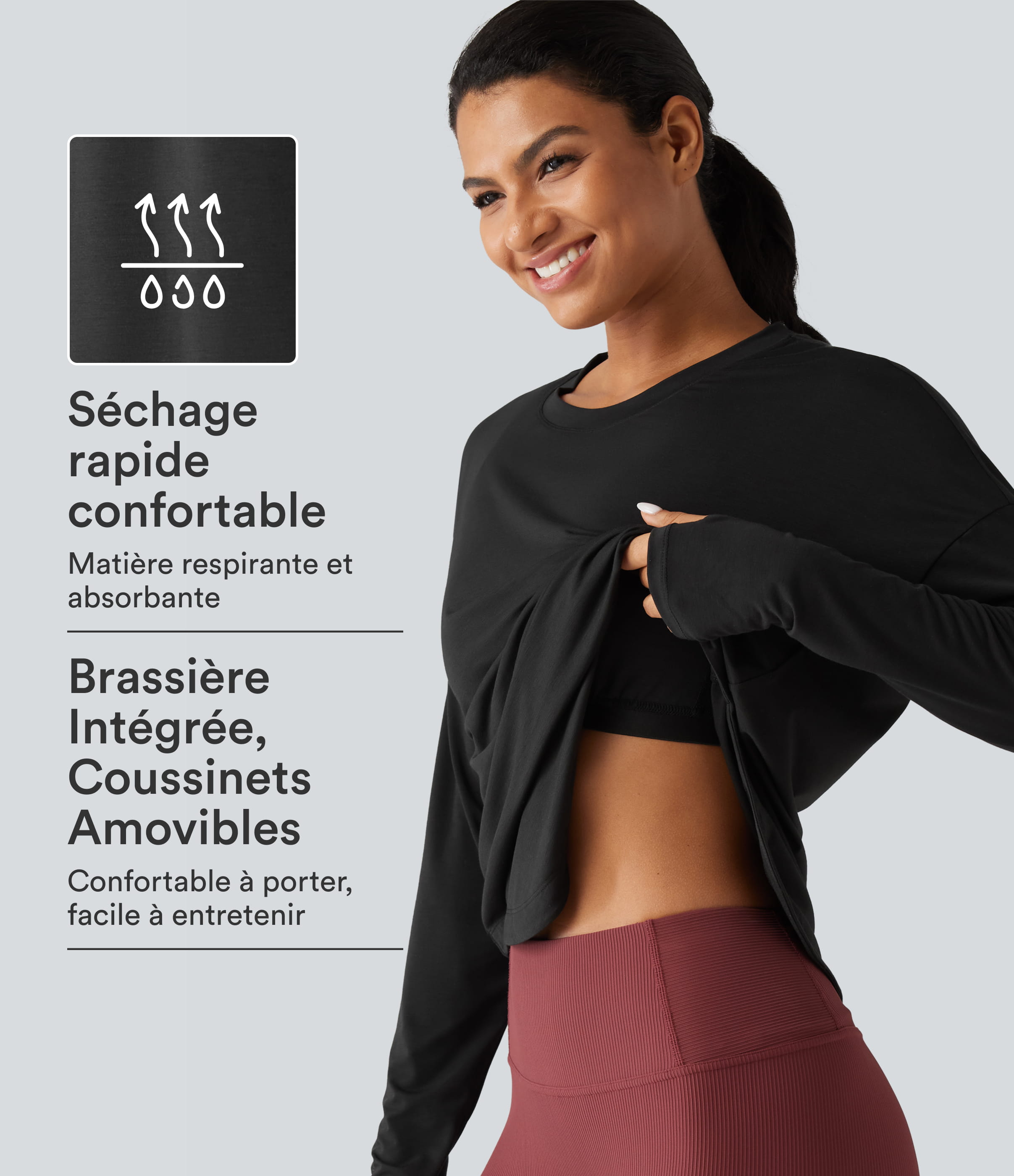Haut de sport yoga à séchage rapide, encolure arrondie, manches longues avec passe-pouces et brassière intégrée