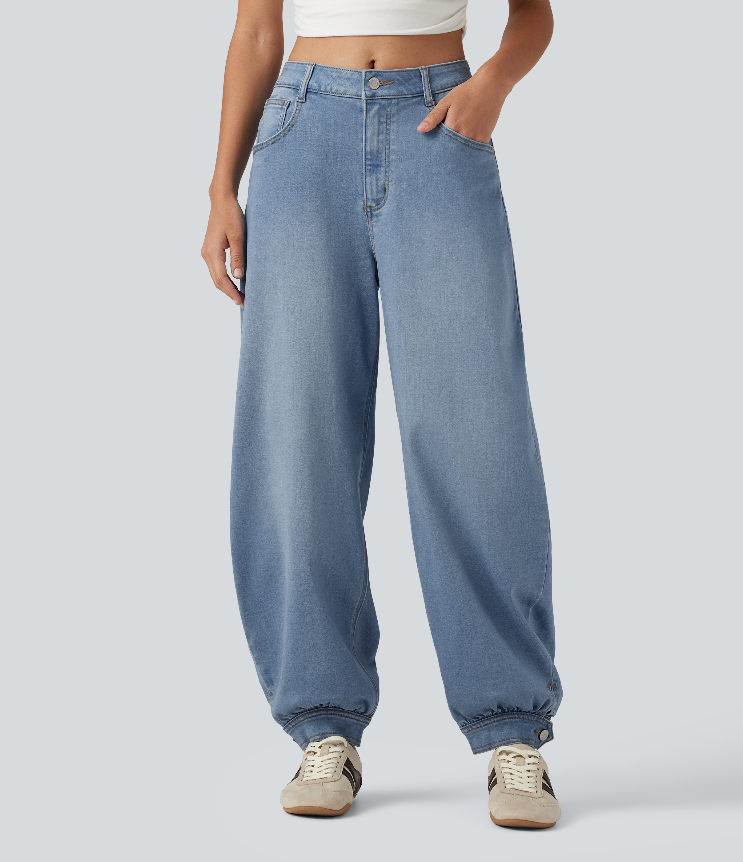 Mid Rise Barrel Leg Denim Casual Joggers with Pockets