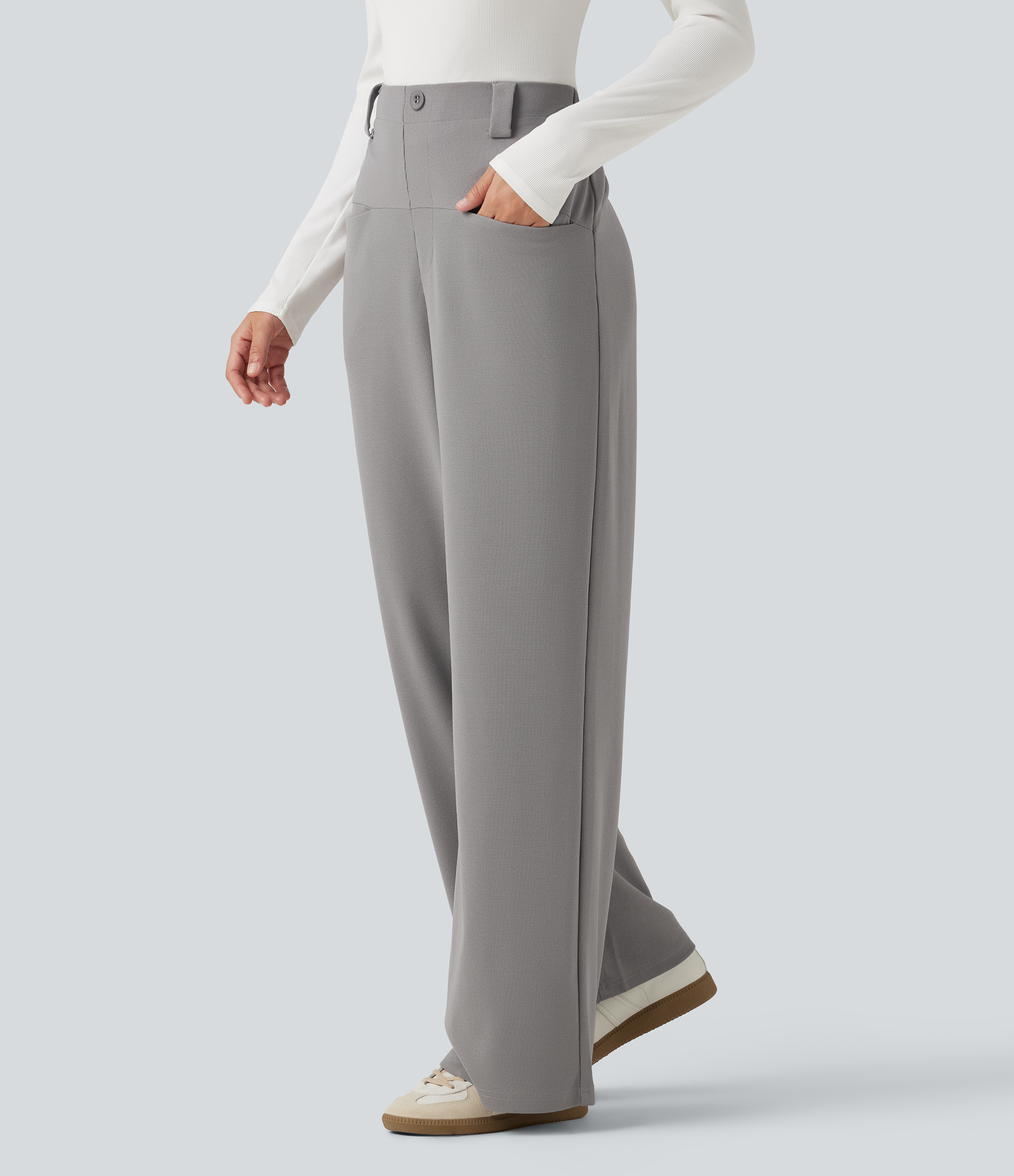 High Waisted Straight Leg Waffle Work Pants with Pockets