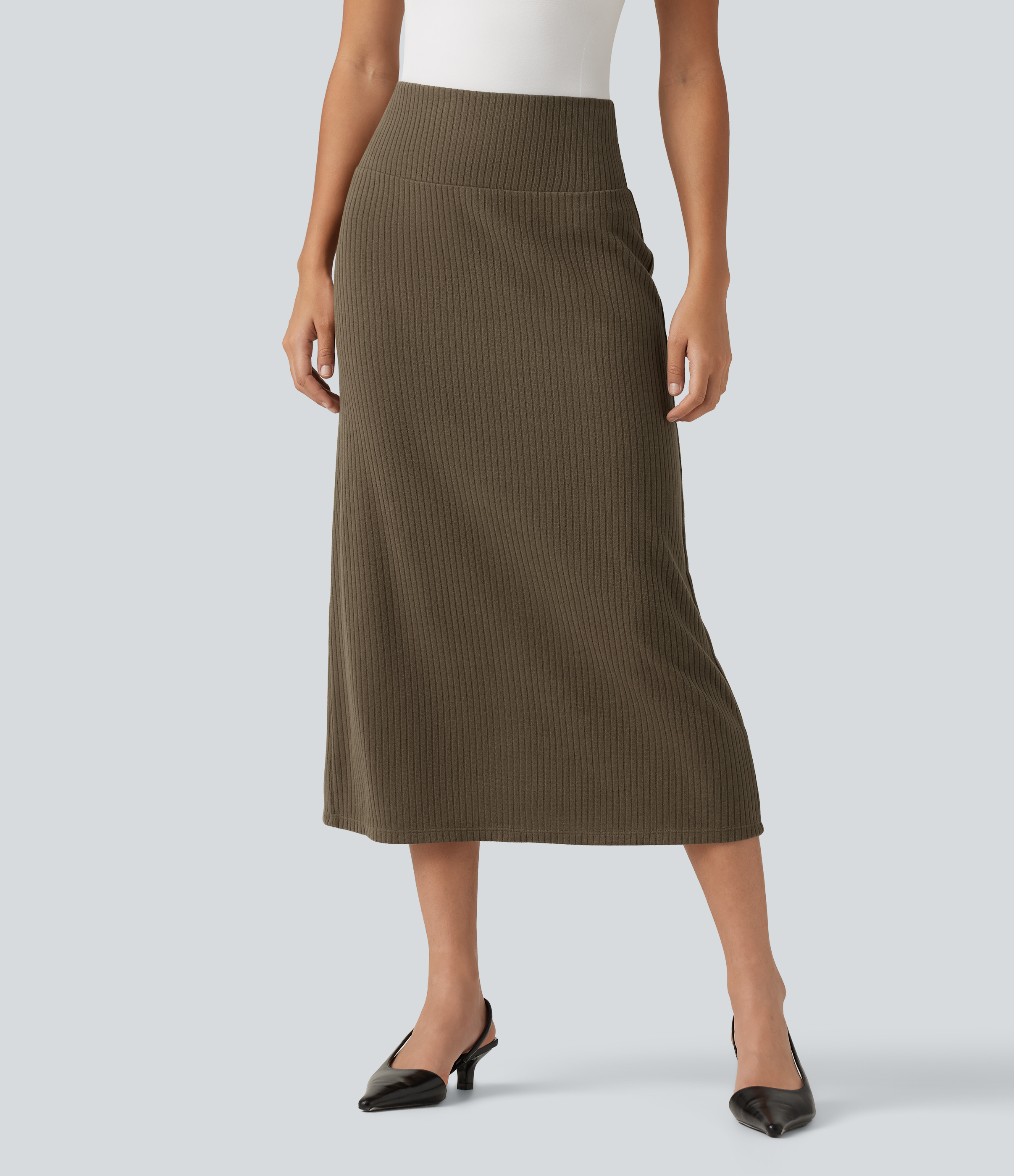 Ribbed Knit High Waisted Casual Midi Skirt