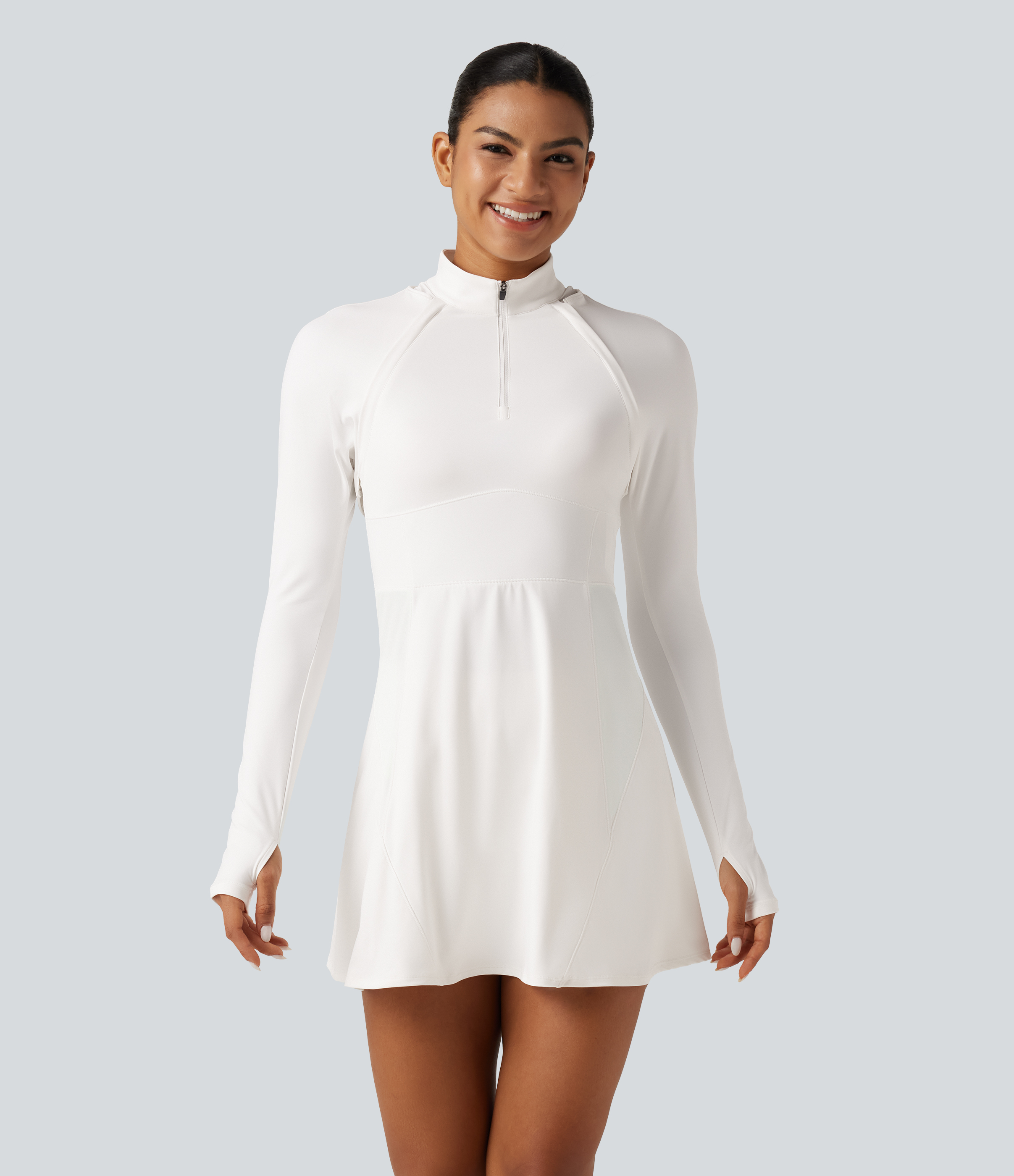SoftlyZero™ Airy Mock Neck Long Sleeve A-Line InstantCool Golf Mini Dress with Separate Liner Shorts and Pockets
