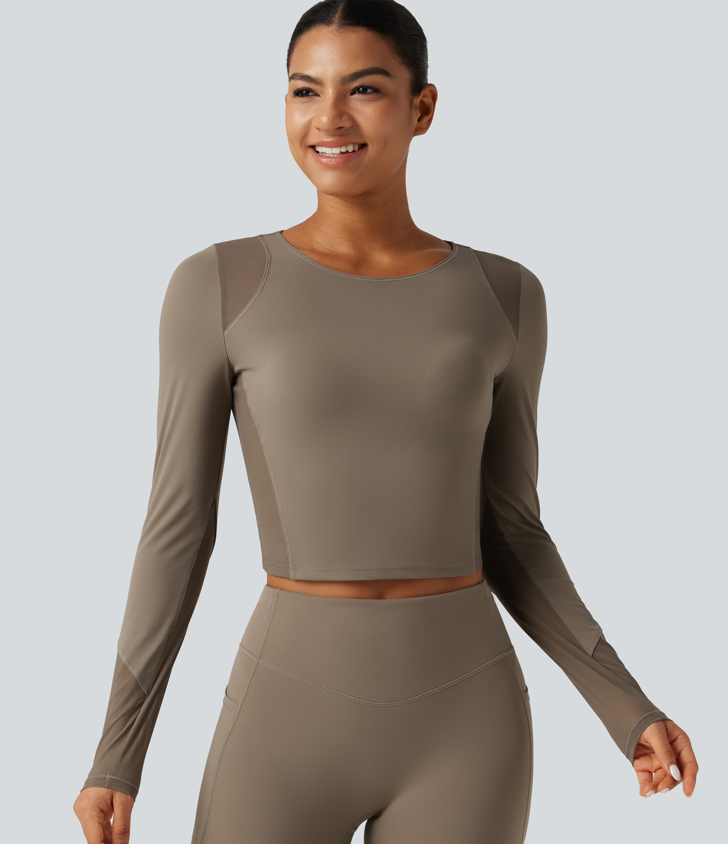 Round Neck Long Sleeve Contrast Mesh InstantCool Quick Dry Yoga Sports Top