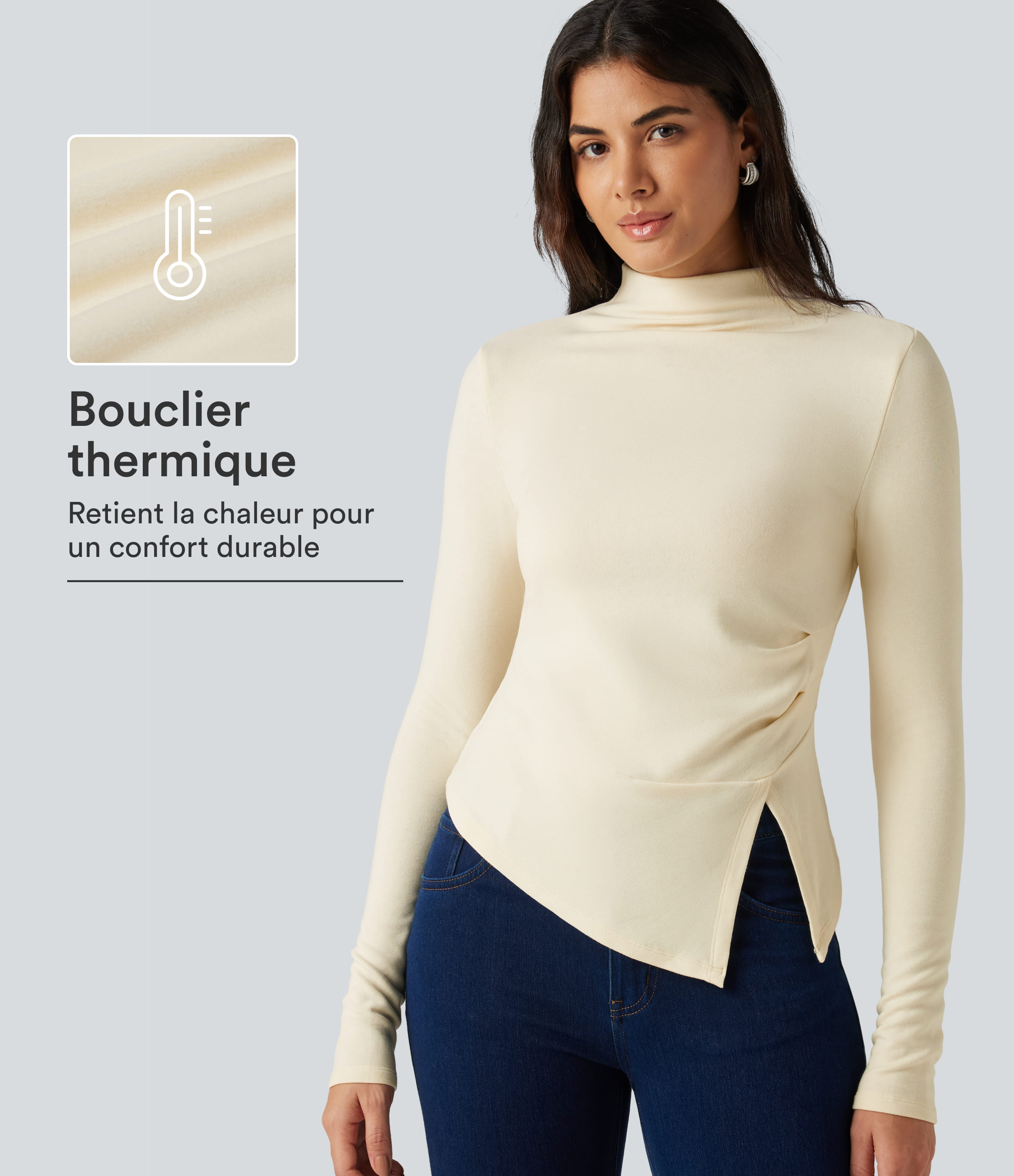 Lily White T-shirt thermique à col montant, manches longues et ourlet asymétrique / 1