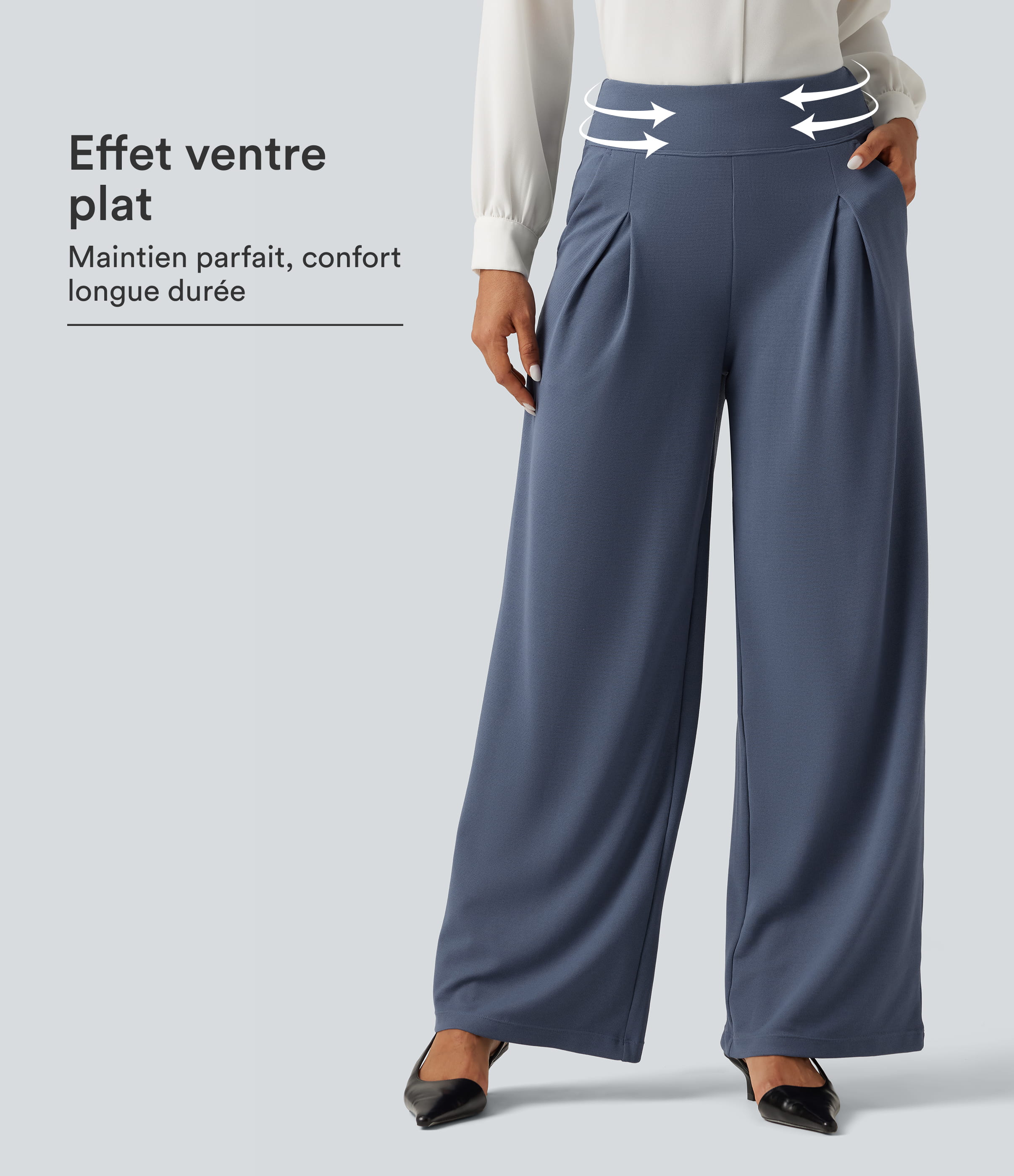 Pantalon de bureau gaufré taille haute coupe large avec poches